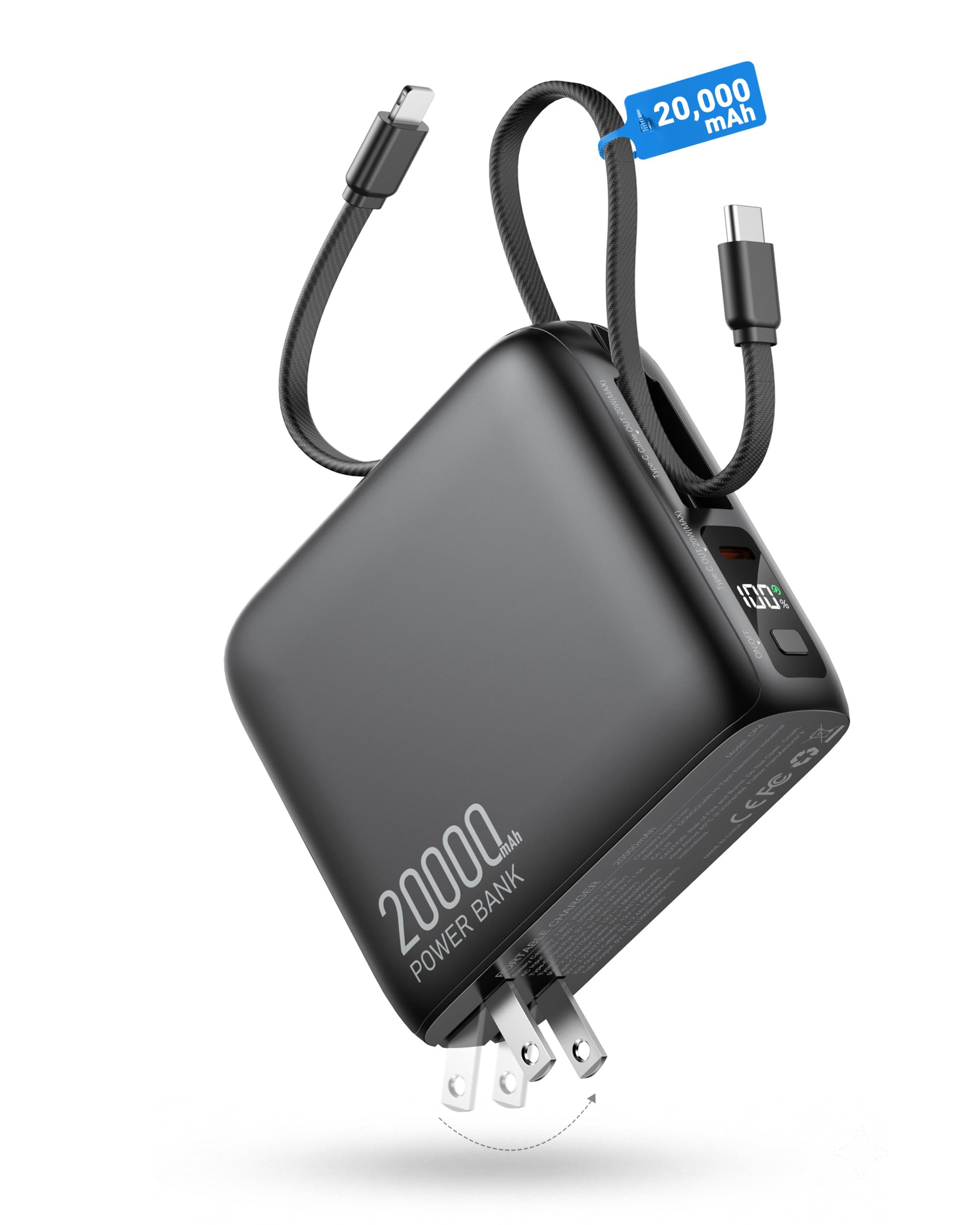 Portable Charger 20000mAh 22.5W Power Bank Built in Cable and Wall Plug | 30% Smaller, Charging 3 Devices at Once, All in One External Battery Pack Travel Essentials,...