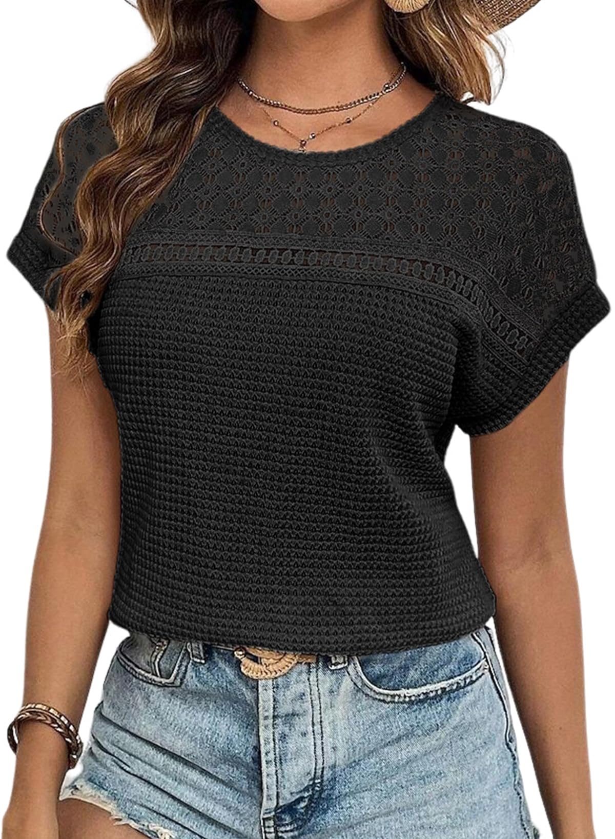 Dokotoo Damen Bluse Sommer Spitzen Kurzarm Blusenshirt Elegant Rundhals Flügelärmel Tshirt Einfarbig Lose Oberteile Shirts Tunika S-2XL