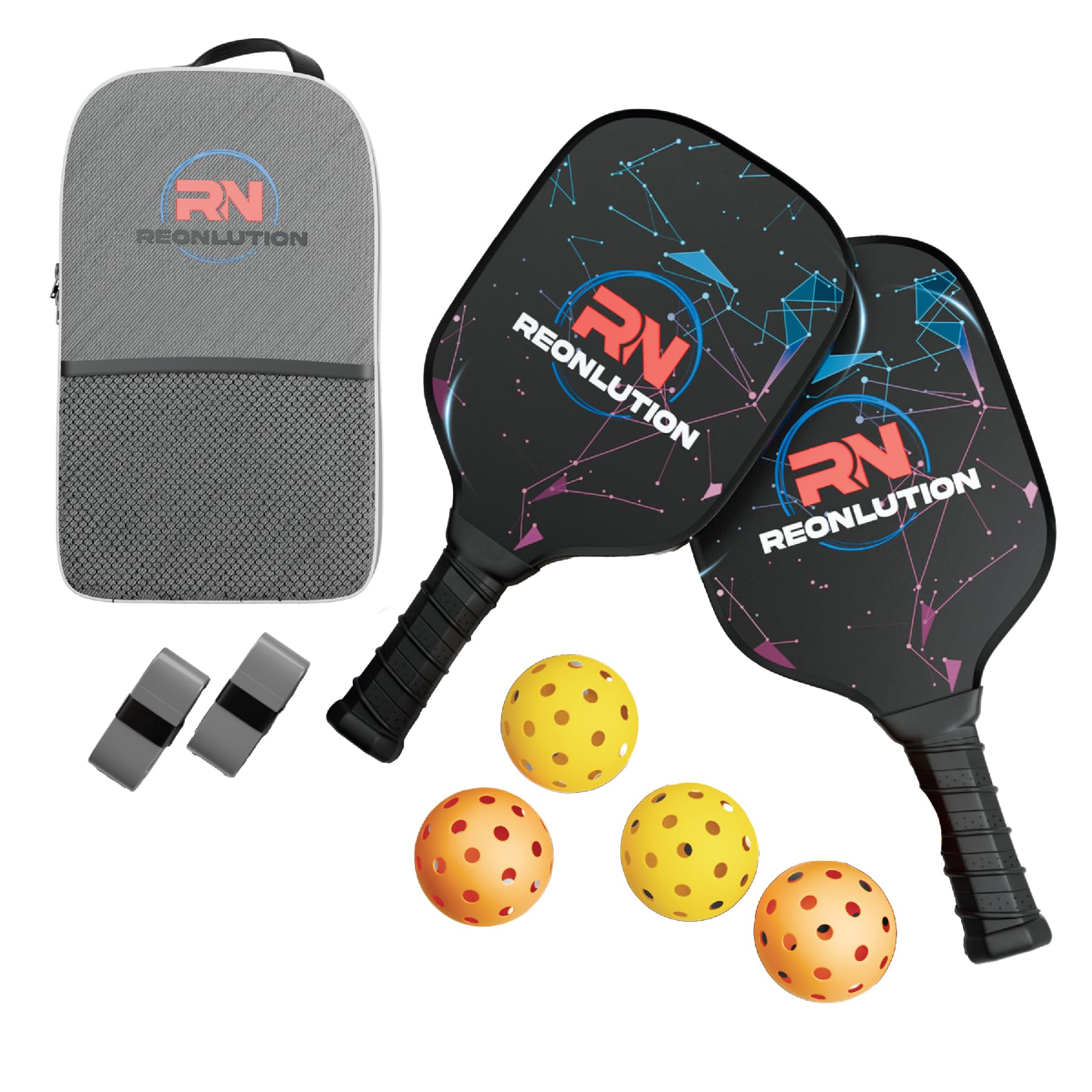 Reonlution Pickleball Paddles Set of 2 – Lightweight Fiberglass Surface with Honeycomb Core, 4 Balls, 2 Grip Tapes & 1 Carry Bag – Pickleball Rackets for Beginners & Intermediate Players