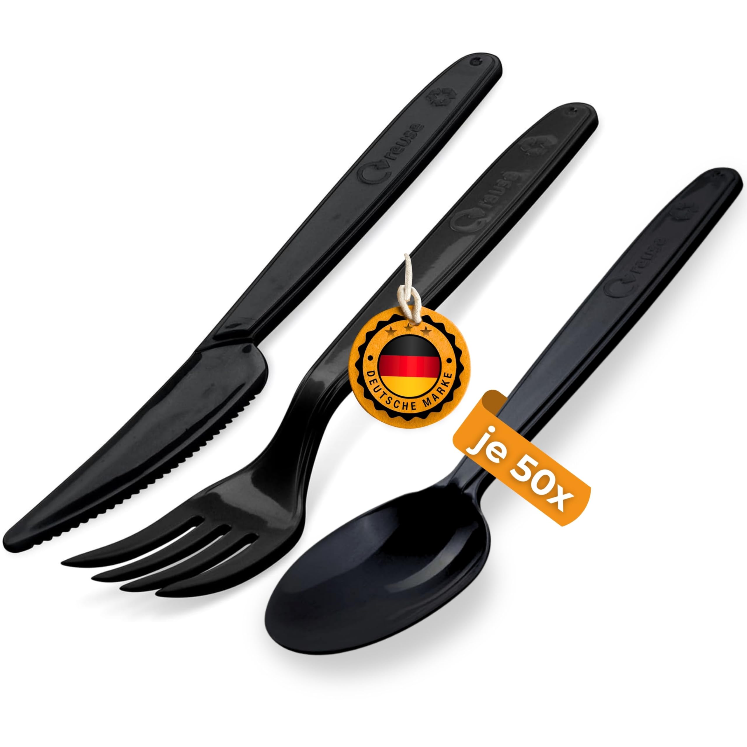 Wiederverwendbares Plastikbesteck schwarz | MEHRWEG Campingbesteck | PREMIUM Reisebesteck | robustes Outdoor Besteck (Löffel/Messer/Gabel - 50 Stk.)