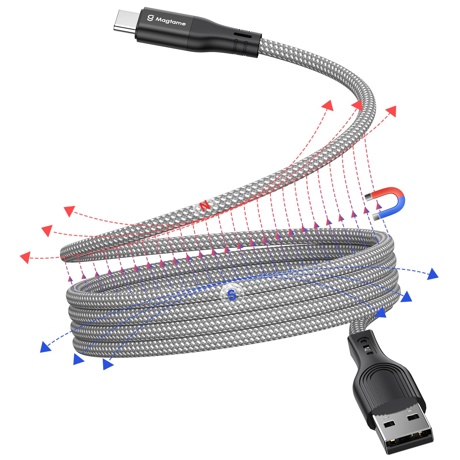 Magtame Magnetisches USB-C-Kabel - Gewickeltes USB-A-zu-USB-C, 1M Einziehbar, Nylon Geflochten, Typ C Schnellladekabel - Kompatibel Mit Samsung