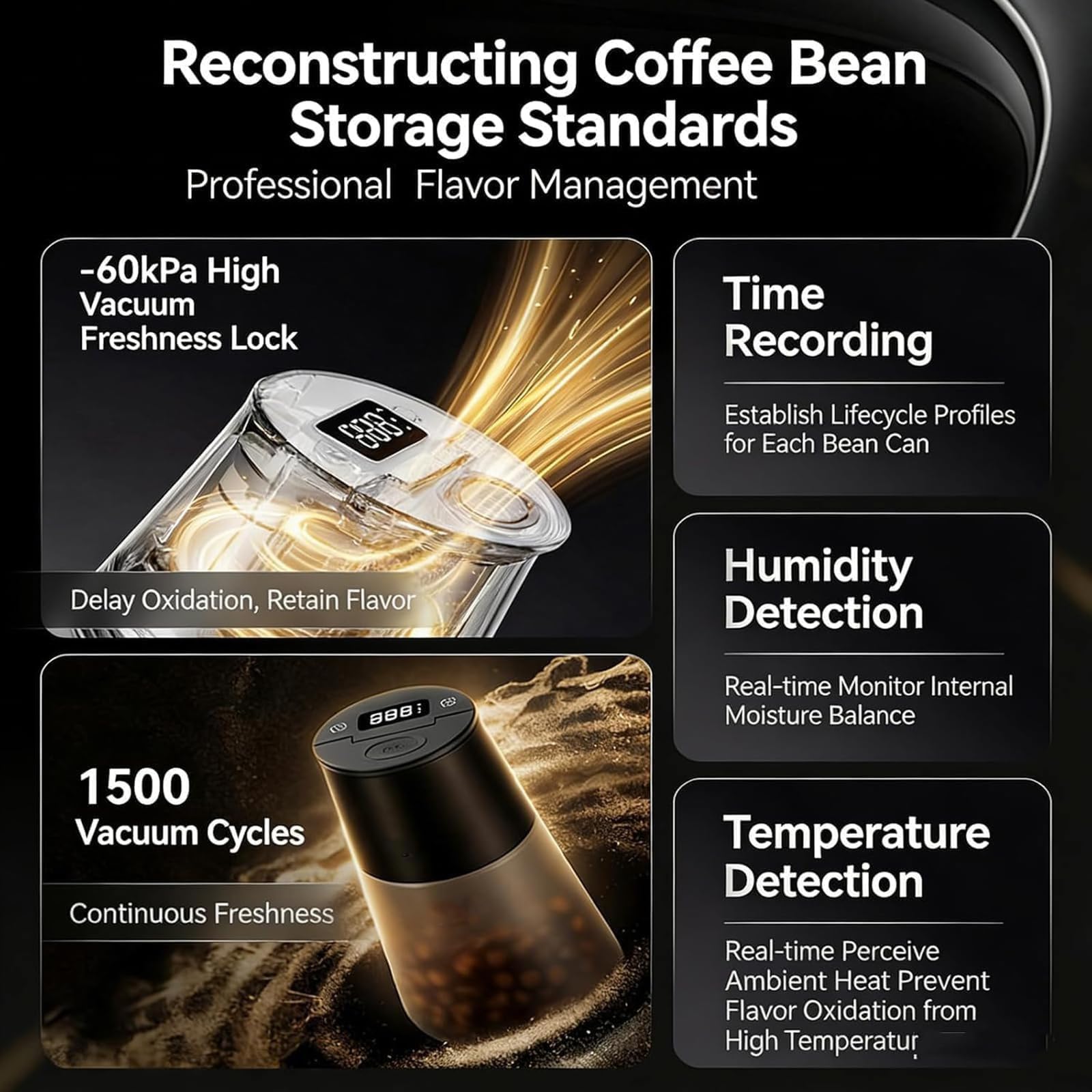 650ml Vakuum Kaffeebohnen Vorratsbehälter, Kaffeedose mit Digitalanzeige, Temperatur- und Feuchtigkeitserkennung, Timer Aufzeichnung für Bohnen, Tee und Nüsse