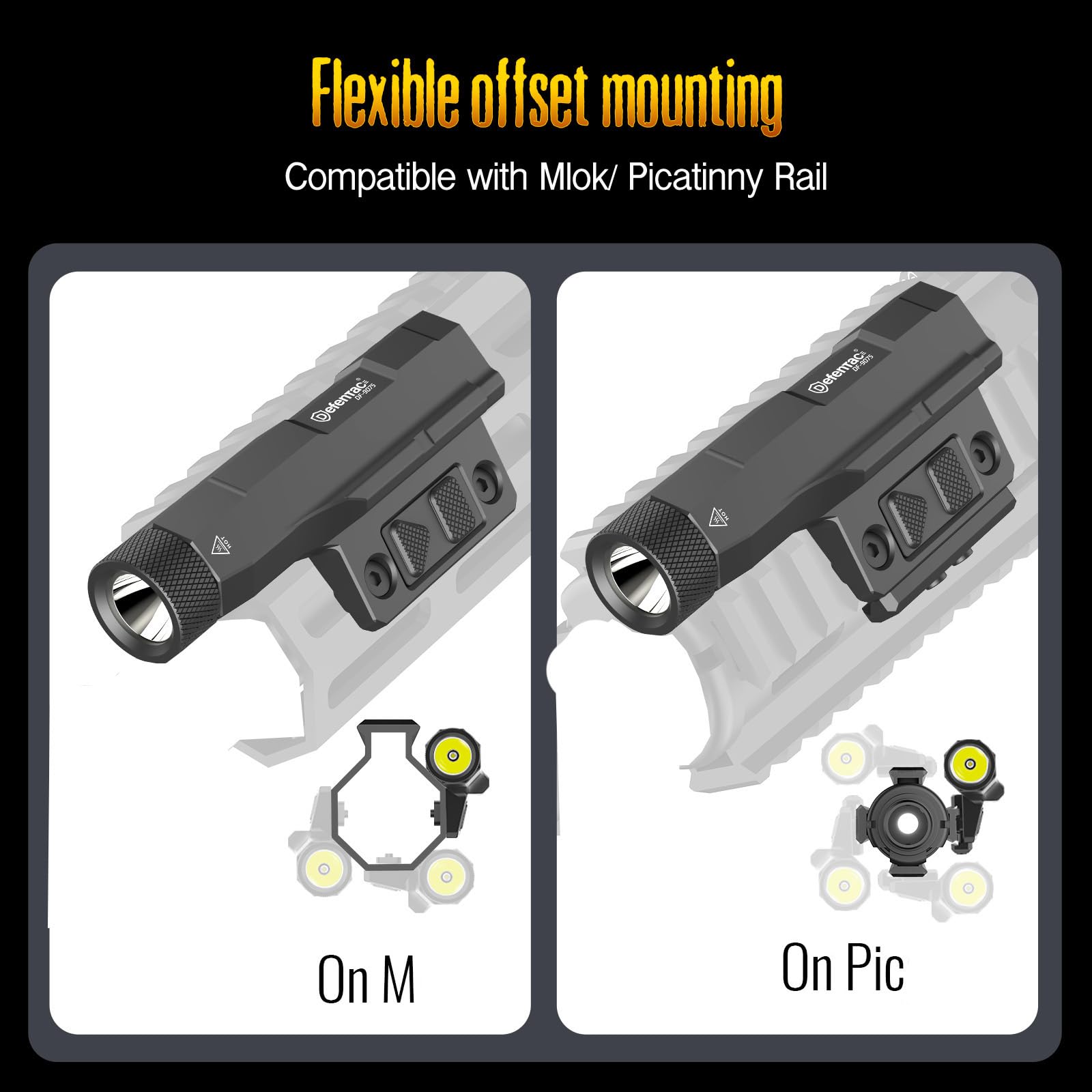 DEFENTAC 2400 lm Aluminium-Taschenlampe ist kompatibel mit Picatinny/Mlok-Schiene für Gewehr, wiederaufladbares Waffenlicht mit Stroboskop/Momentan, mit Druckpolsterschalter