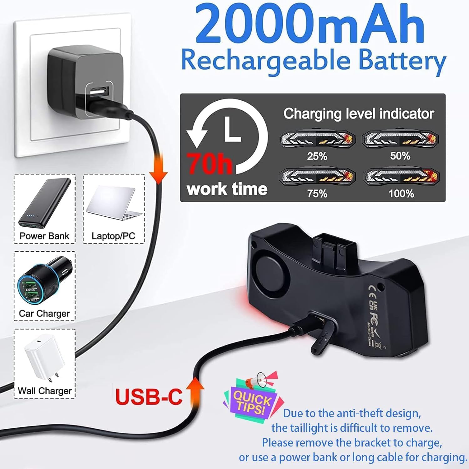Diagram showing how to charge the NineLeaf Bike Turn Signals taillight via USB-C, with charging level indicators.