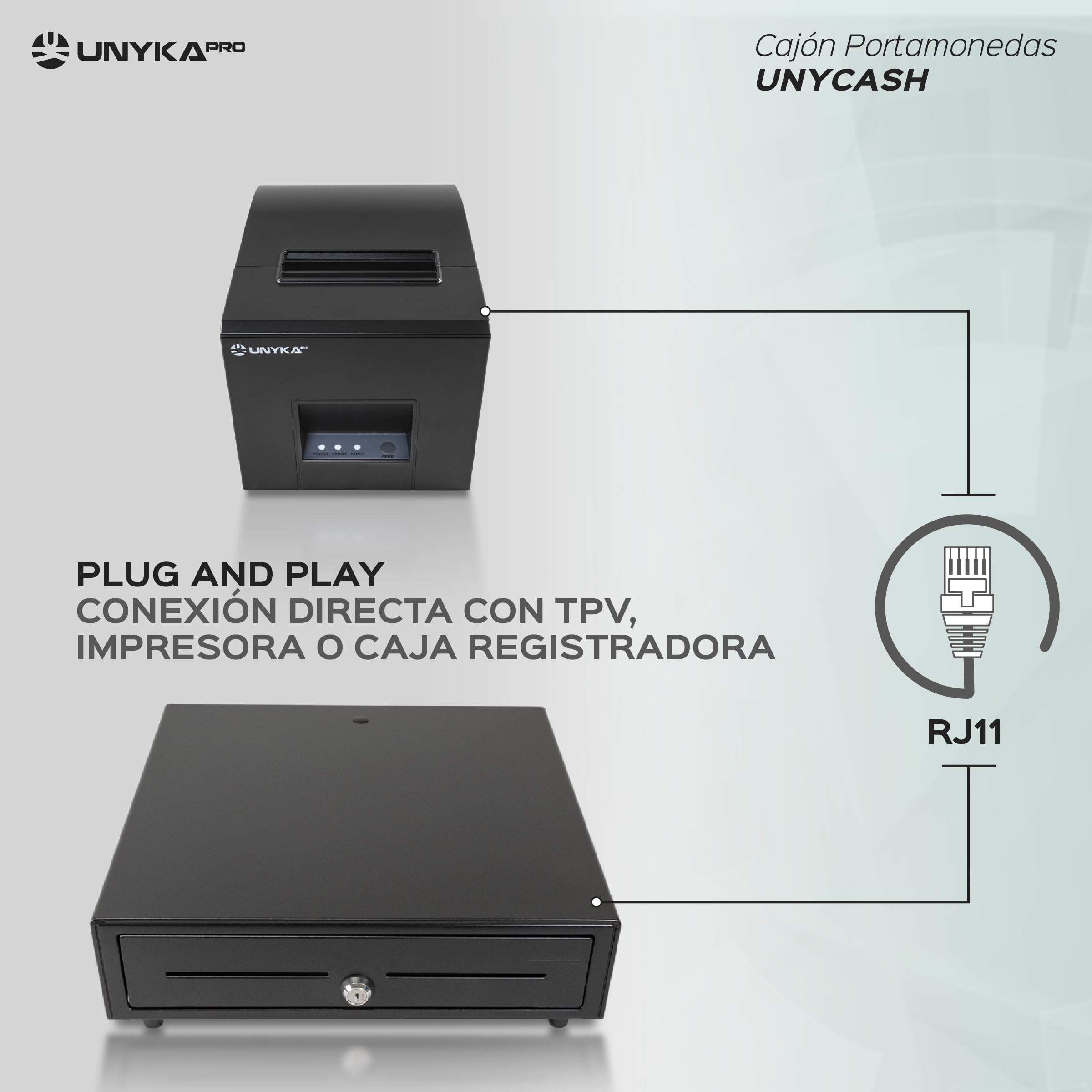 UNYKAch Cajón Portamonedas UNYCASH 56001 – Estructura Metálica 41x41cm – 4 Compartimentos para Billetes y 8 para Monedas – Apertura Automática RJ11 y Manual con Llave – Compatible con Sistemas POS