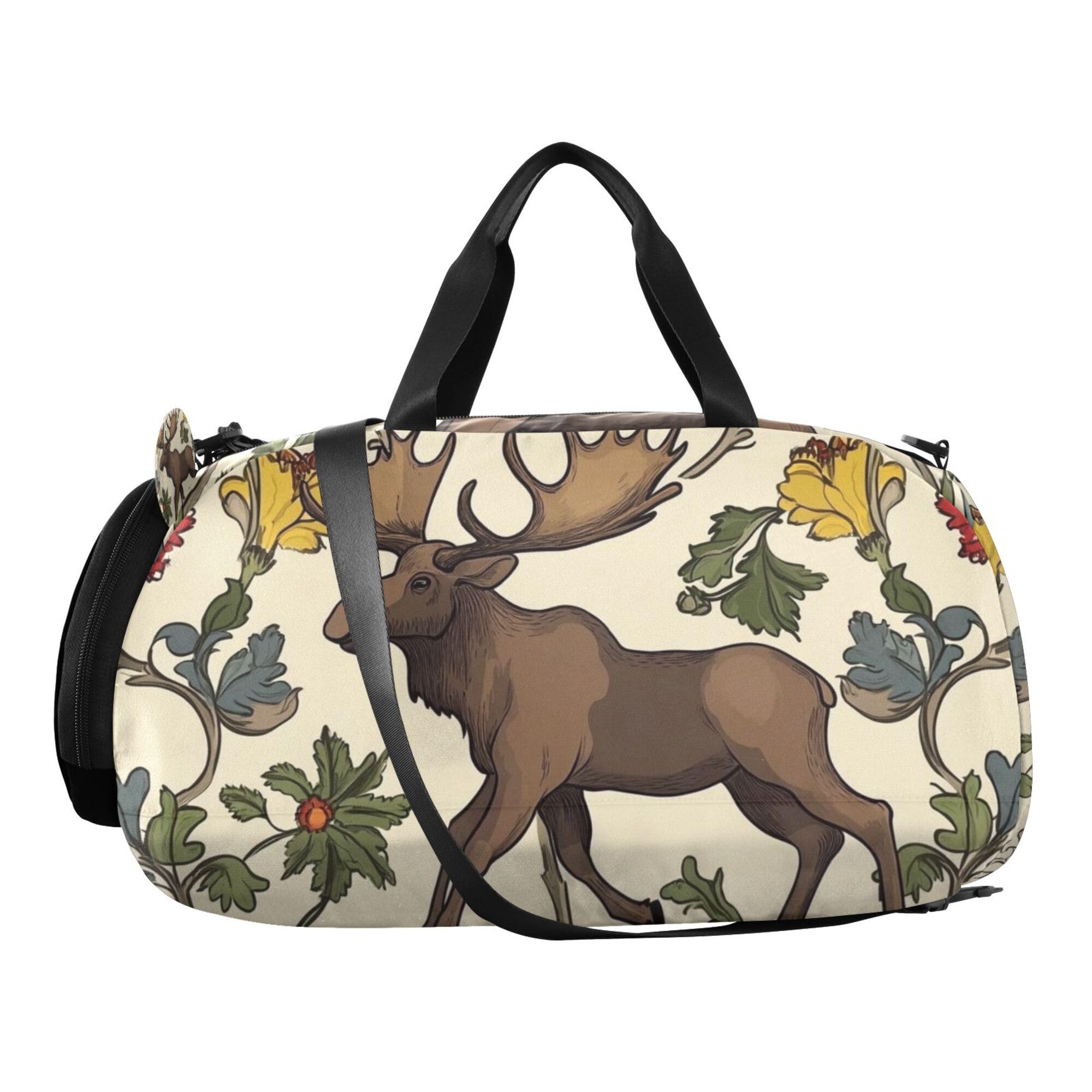 Glaphy Moose Animal and Floral Retro Duffle Bag for Toddler Boys Girls, Gym Sports Bag with Shoe Compartments, Kids Travel Overnight Weekender Shoulder Bag