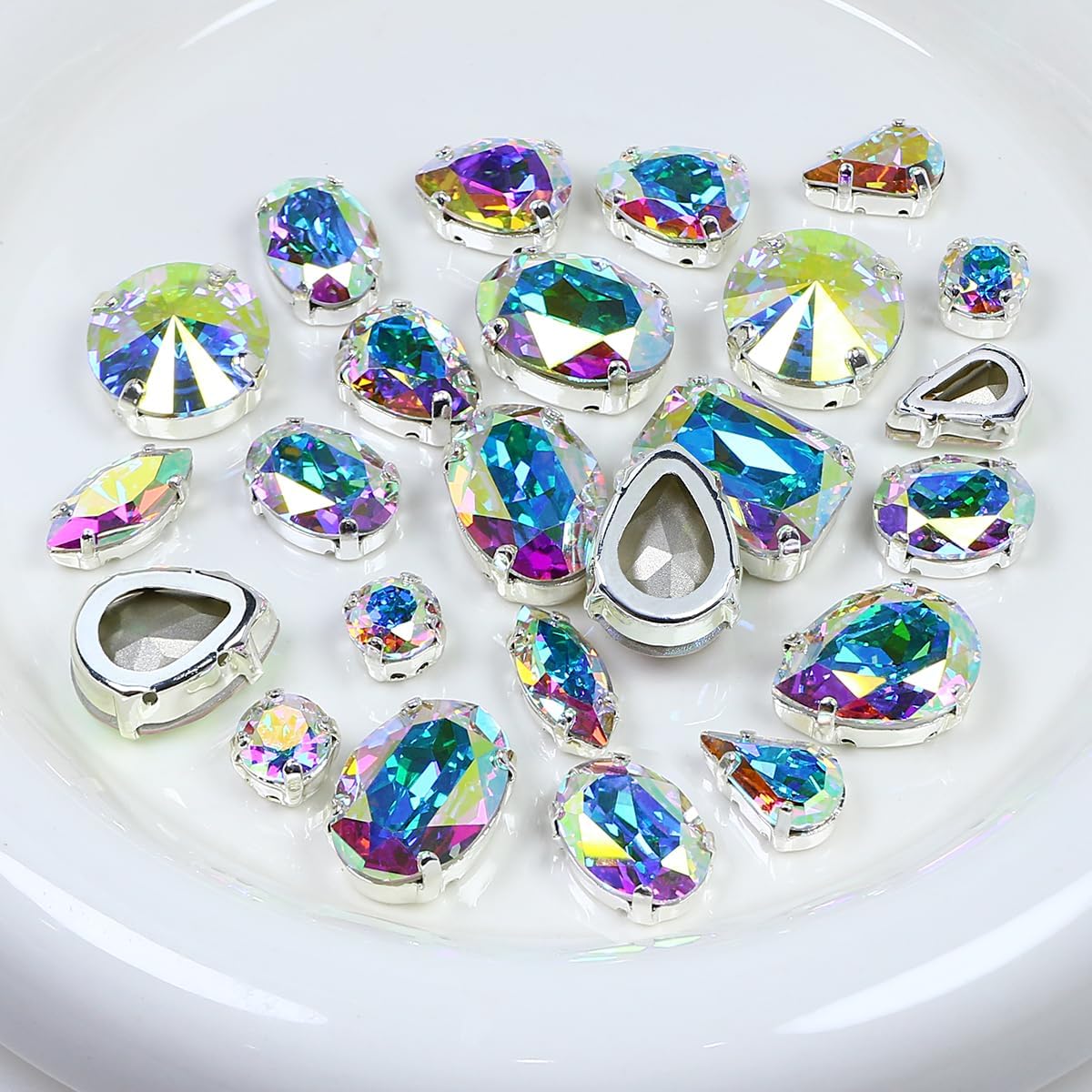 DONGZHOU Crystal AB Sew On Rhinestones, Fancy Stone with Silver Claw Setting Glass Sewing Crystals Sew On Gems for DIY Crafts Jewelry Making Hat Clothes Mask Wedding Dress Decoration