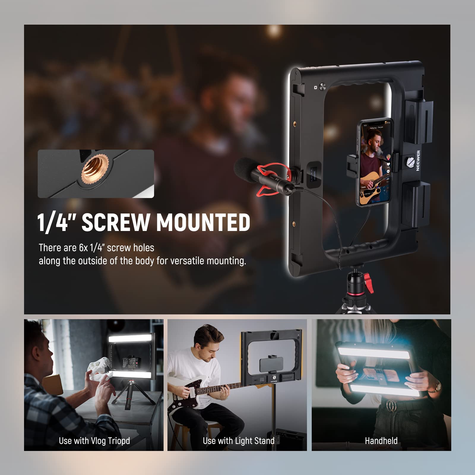 NEEWER RGB A111 II Handy Video Rig mit Beleuchtungsset, für vertikale Aufnahmen, Stabilisator für Hand Kamerakäfig mit Zubehörschuhen/Verschluss/Batterie, 17 Szenen RGB Ringlicht 2500K-10000K CRI97+