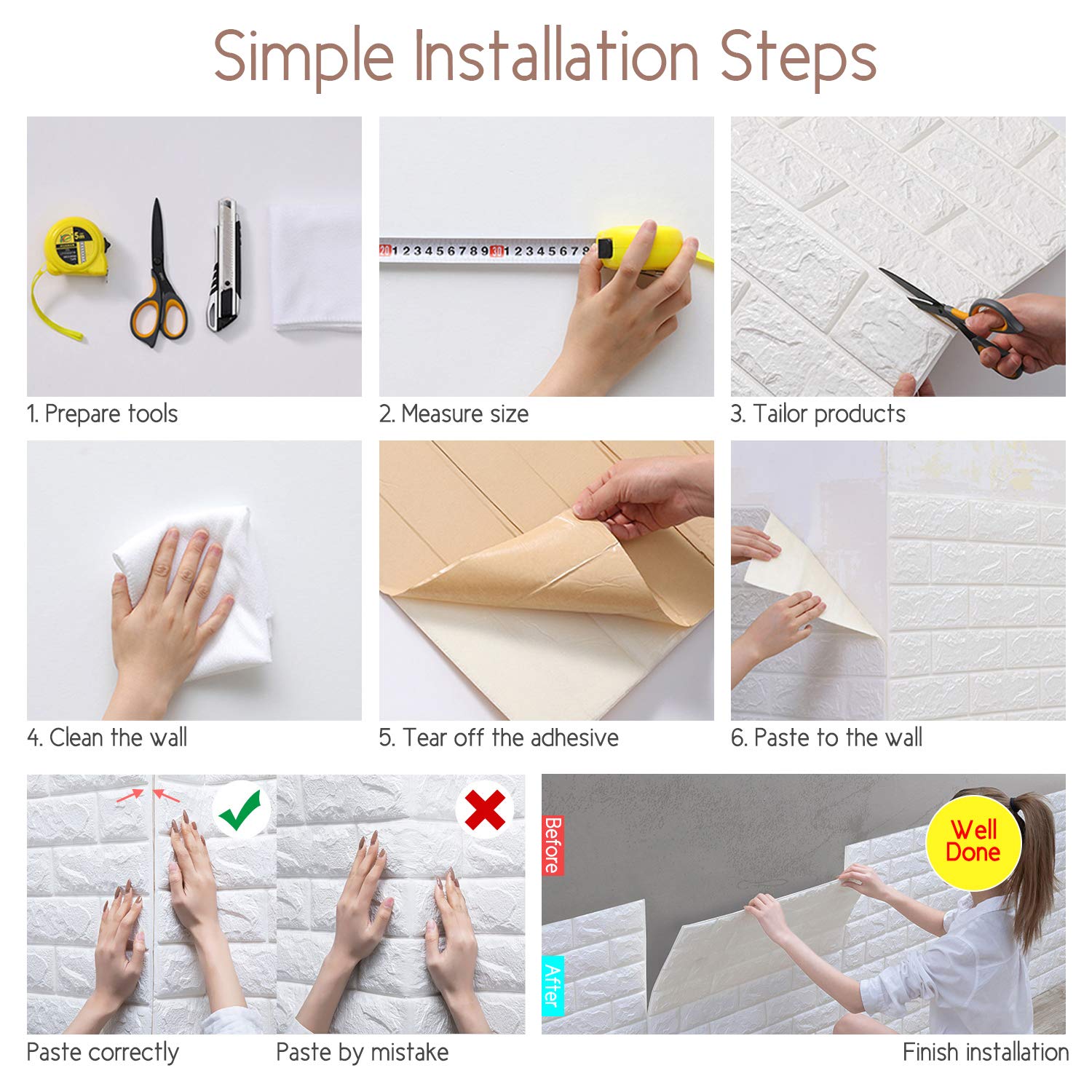 NHSUNRAY 3D Ladrillo Pegatina Pared Autoadhesivo Panel Pared Impermeable, 3D DIY Wall Stickers Moderno Decoración para Cuarto de Baño, Sala de Estar y Cocina, 60x60cm (20 Piezas)