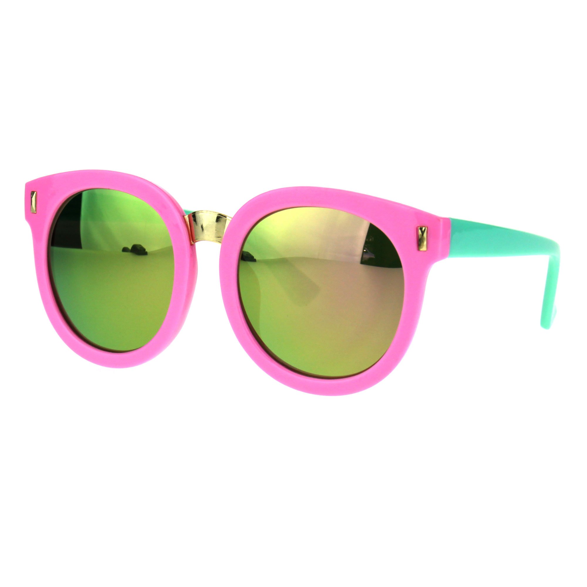 SA106 Kids Childern Size Color Mirror Plastic Retro Round Horned Rim Sunglasses Pink Peach