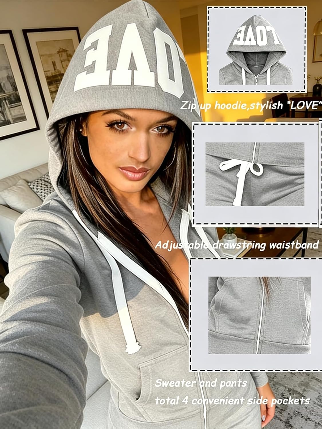 TUVEKE Womens Sweatsuits 2 Piece Outfit Long Sleeve Zip Up Jacket Sweatpants Women Jogging Suits Embroidery LOVE Hoodie Set