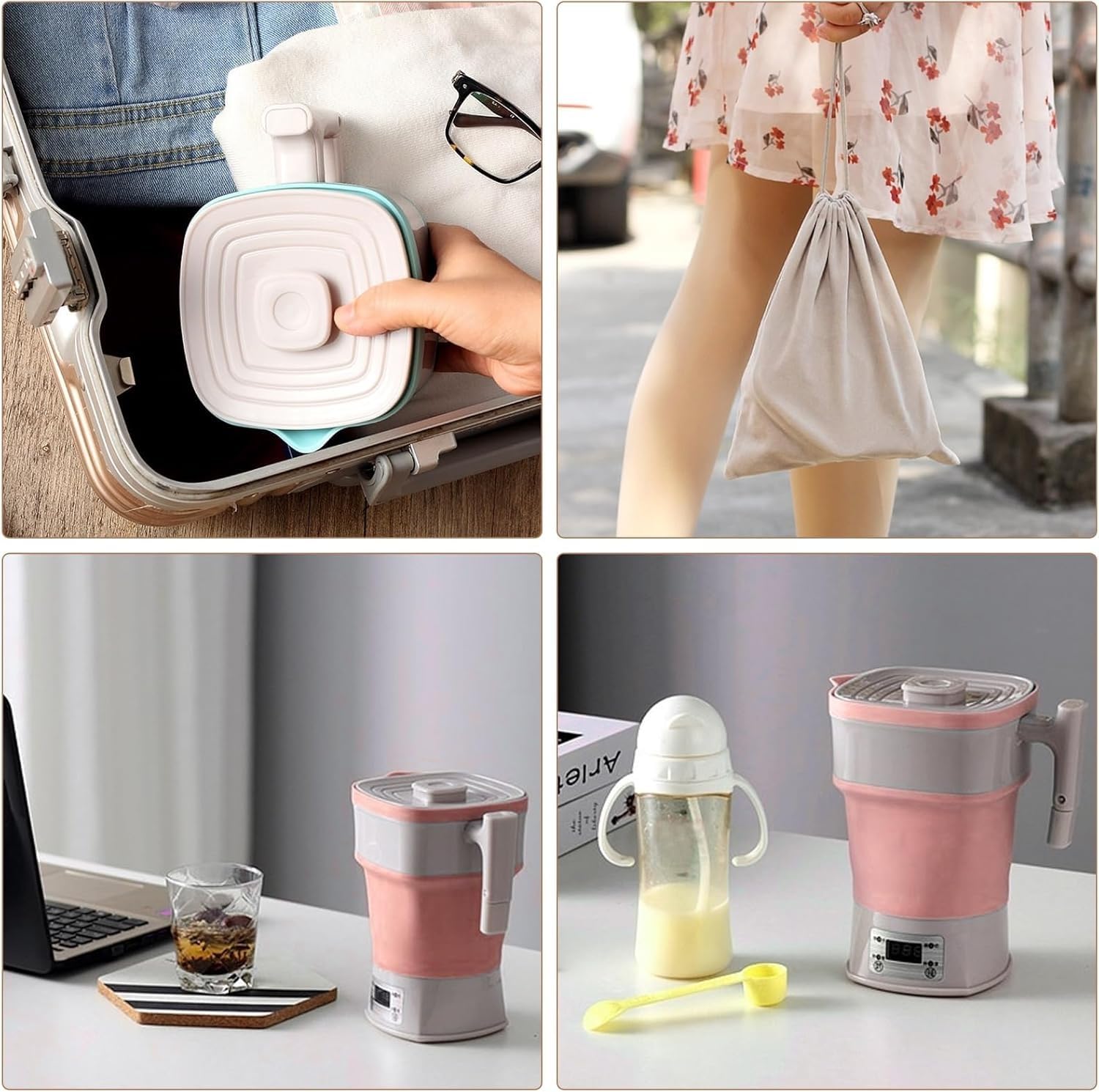 Bouilloire électrique pliable miniature, 800 ml, idéale for le camping, les voyages, la randonnée et activités de plein air. En silicone, sans BPA(Pink)