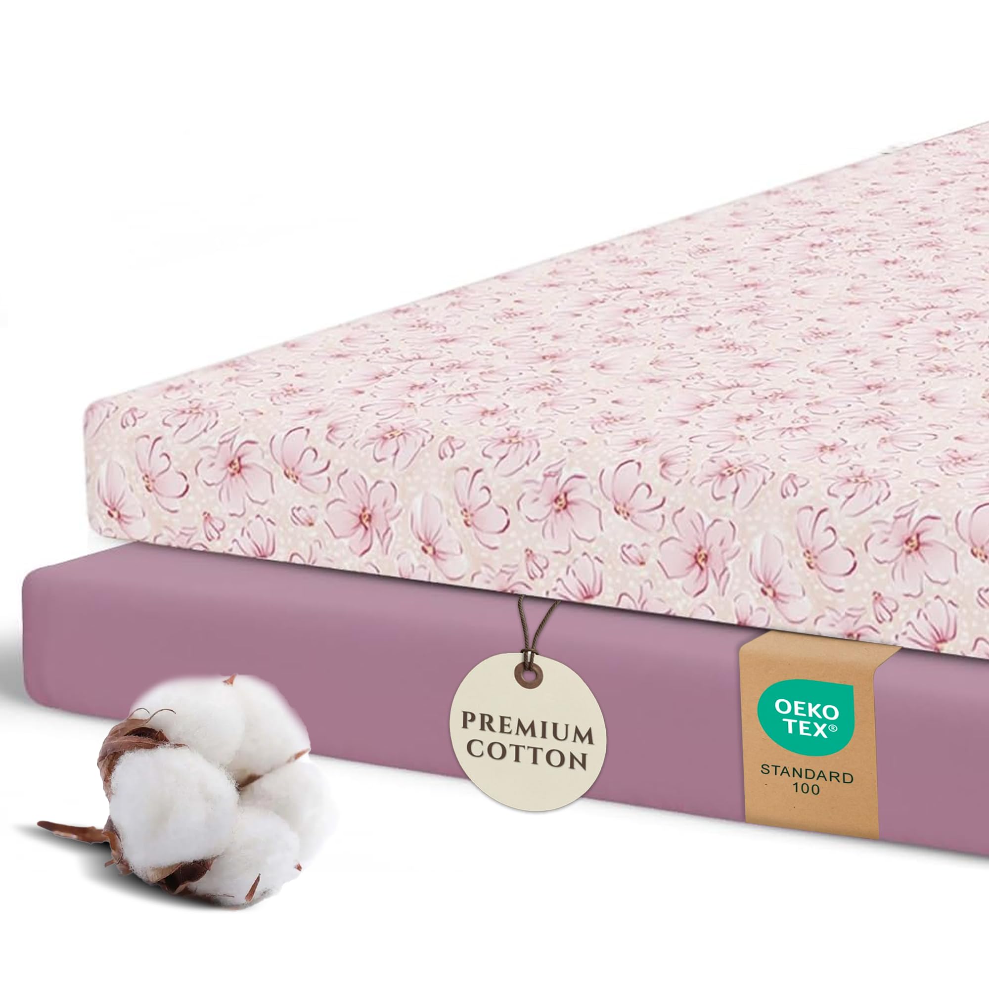 Pobi Baby Pack N Play Sheets for Girls, 2-Pack, Cotton Blend (Blossom)