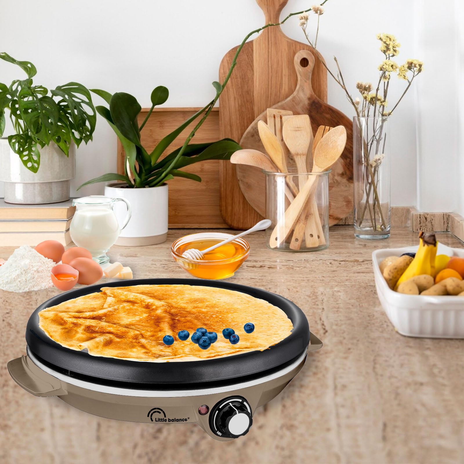 LITTLE BALANCE 8694 Crépière Duo 1000 Muscade, Crépière électrique 2 en 1 : Crêpes et Pancakes, 2 Plaques amovibles, anti-adhésives, Sans PFAS, Thermostat réglable, 1000 W, Muscade