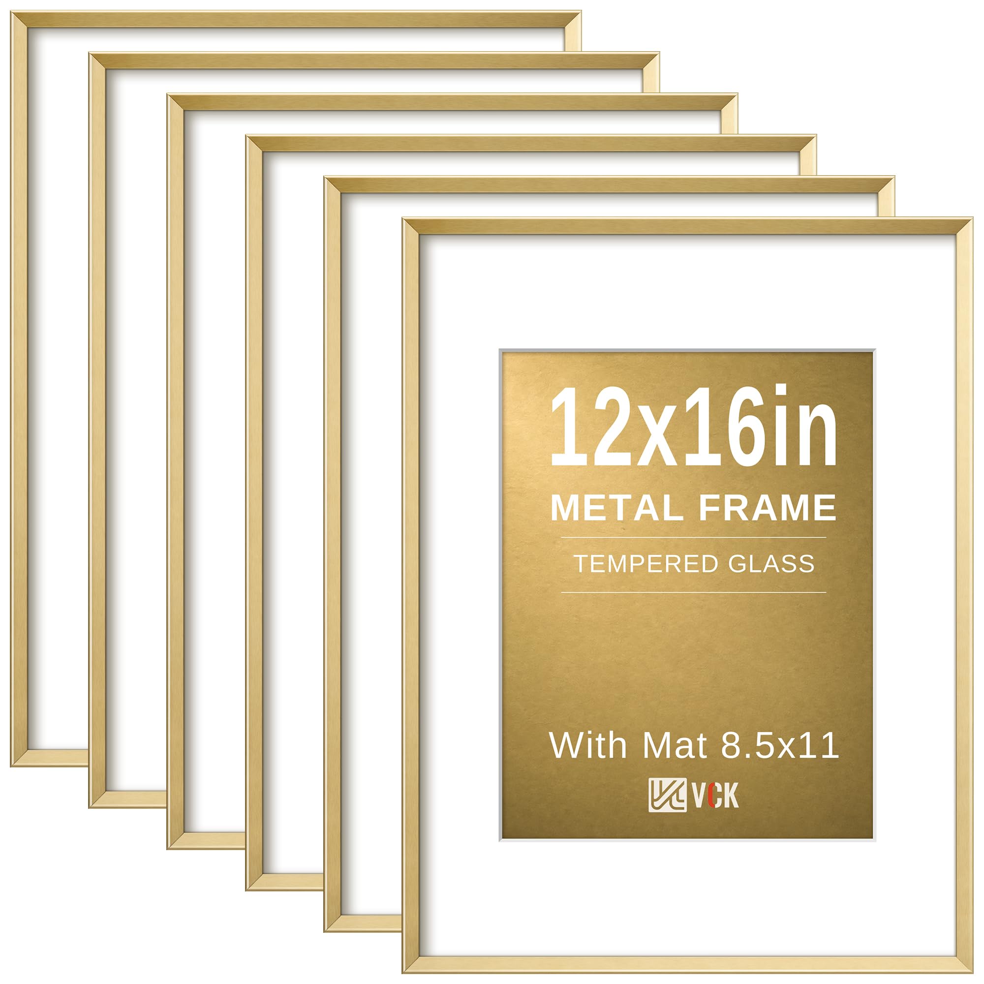 VCK 12x16 Gold Metal Picture Frame 6 Pack, Aluminum Frame with Tempered Glass, Fits 8.5x11 with Mat and 12x16 Without Mat, Vertical Horizontal Wall Mount