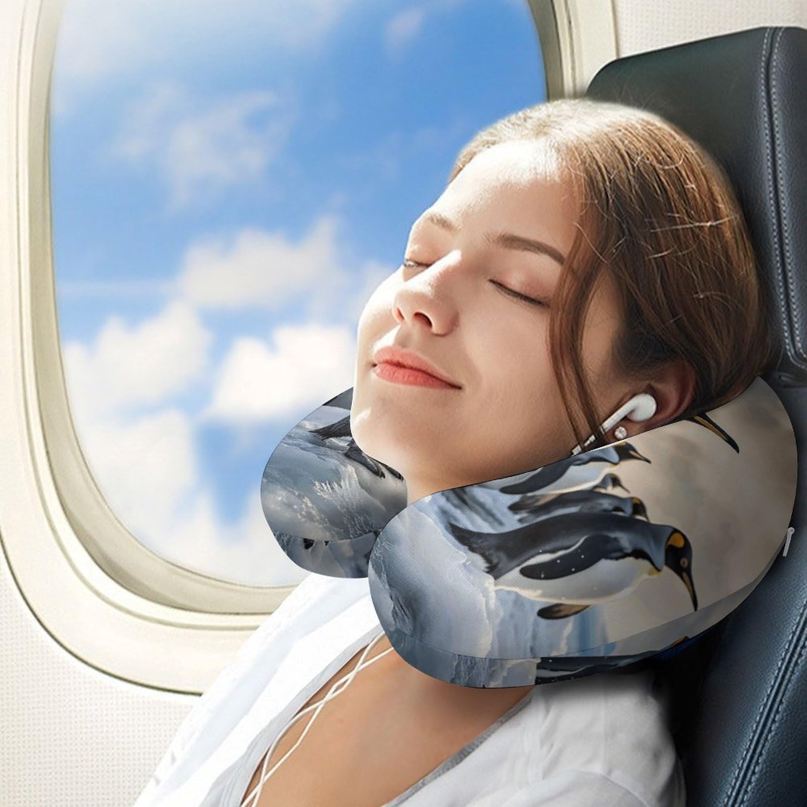 Almohada en forma de U de pingüino marino, núcleo de almohada de espuma viscoelástica, cojín, proporciona apoyo para el cuello, almohada de viaje, adecuada para aviones, coches, hogares y