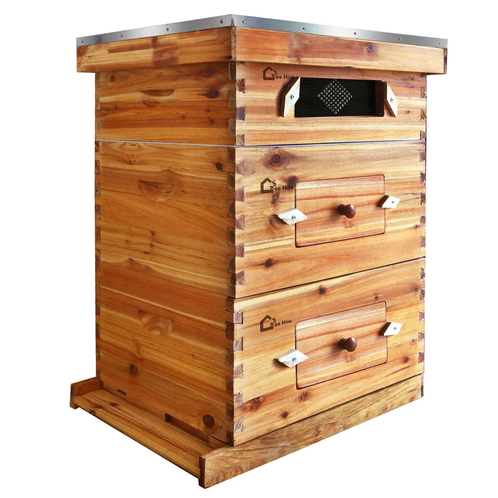 Garvee Kit complet ruche Langstroth 10 cadres pour apiculture – 2 corps profonds, 1 hausse moyenne, fenêtres acryliques, cadres et cires inclus – Bois de sapin traditionnel – Traditionnelle ruche en