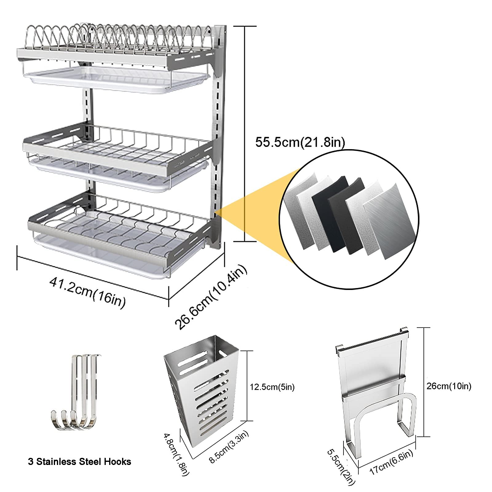 Escurridor de platos, estante de almacenamiento de cocina de acero inoxidable montado en la pared con bandeja de drenaje, sistema de drenaje resistente para un secado y organización eficientes