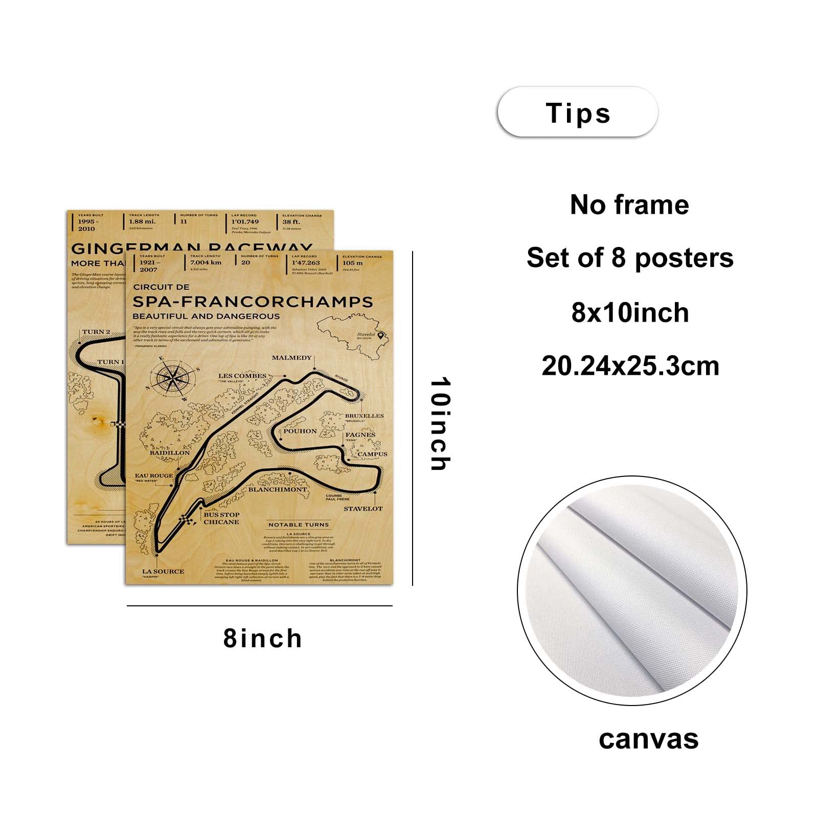 Lienzo de circuito de carreras vintage F1 de 8 x 10 pulgadas, sin marco, decoración de habitación de niños, regalos para amantes de los autos, 8 x 10 pulgadas, 8 piezas 6