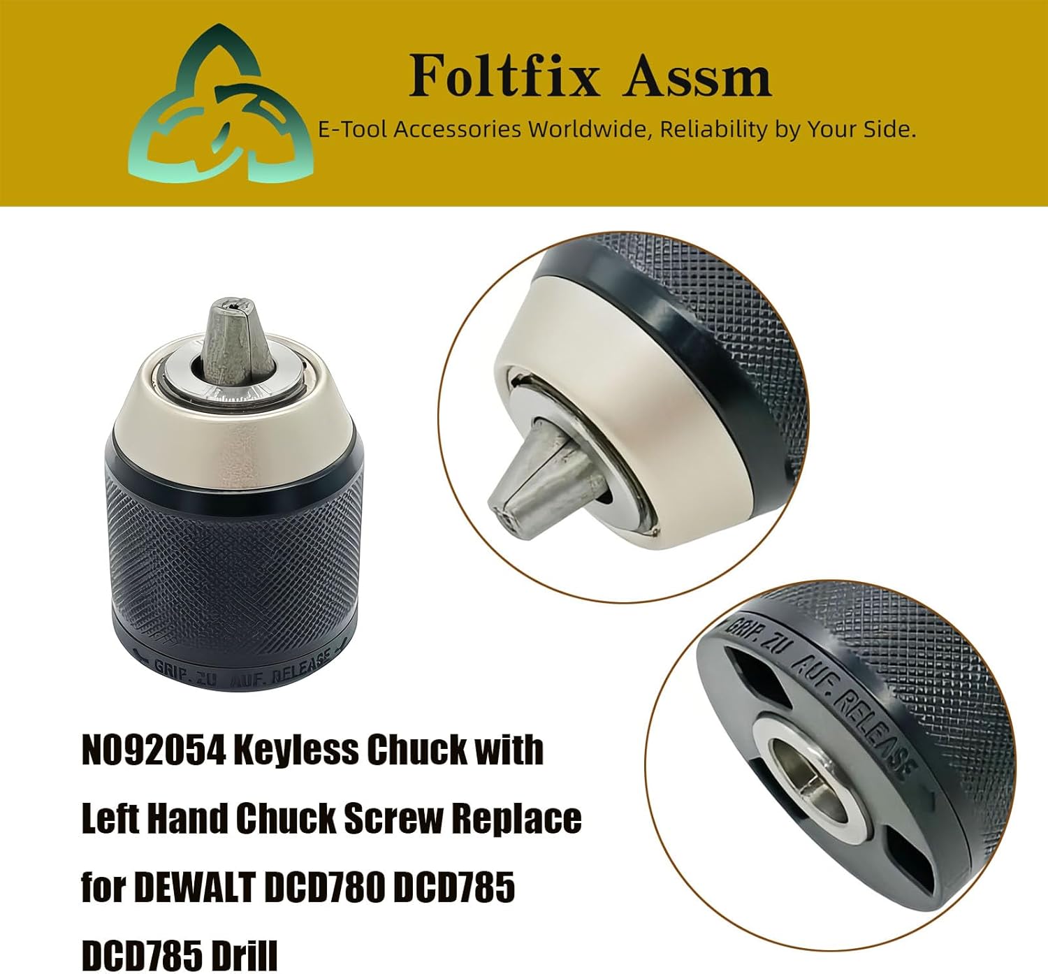 N092054 Keyless Chuck with Left Hand Chuck Screw Replace for DEWALT DCD780 DCD780B DCD780C2 DCD780C2-B2 DCD785 DCD785C2 DCD785C2-B2 Drill