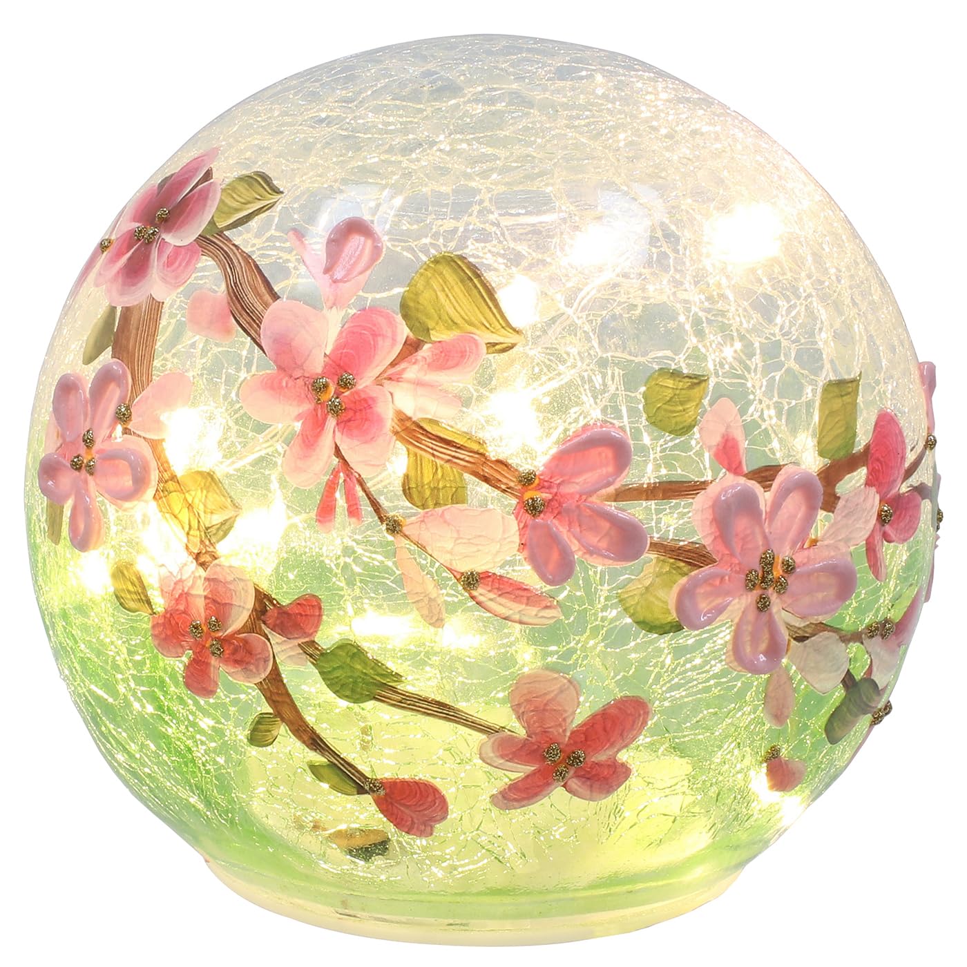 Shudehill Giftware Crackle Blossom Collection LED Light Hand-Painted Glass Pink Floral Design Battery Operated Decorative Lighting (Ball Height 11 x Width 12 x Depth 12cm)