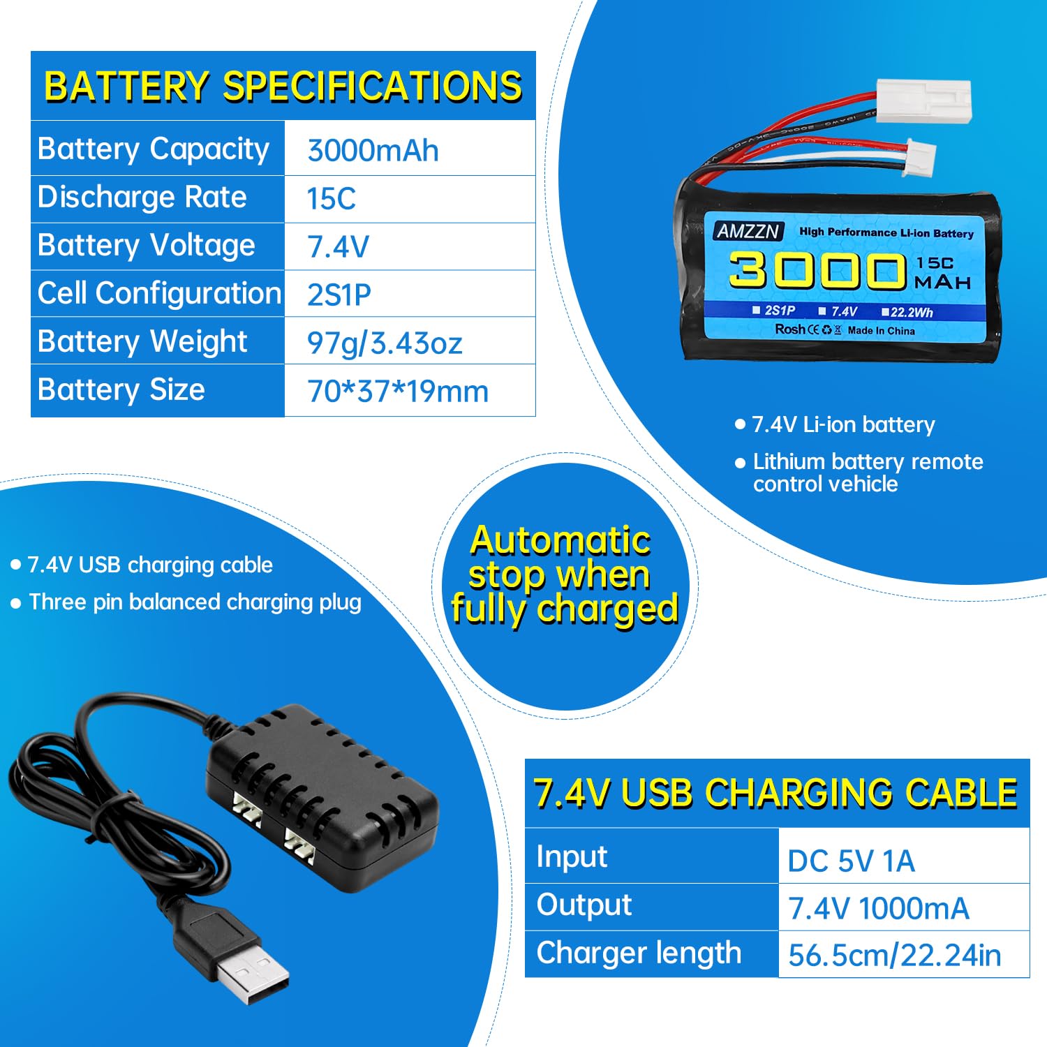 2 Batteries 7.4V 3000mAh 15C 2S EL-2P + Chargeur 2-en-1 Pour Bateaux RC UDI009 UDI902 UDI002 AA102 Feilun FT009 - Puissance Et Autonomie Garanties