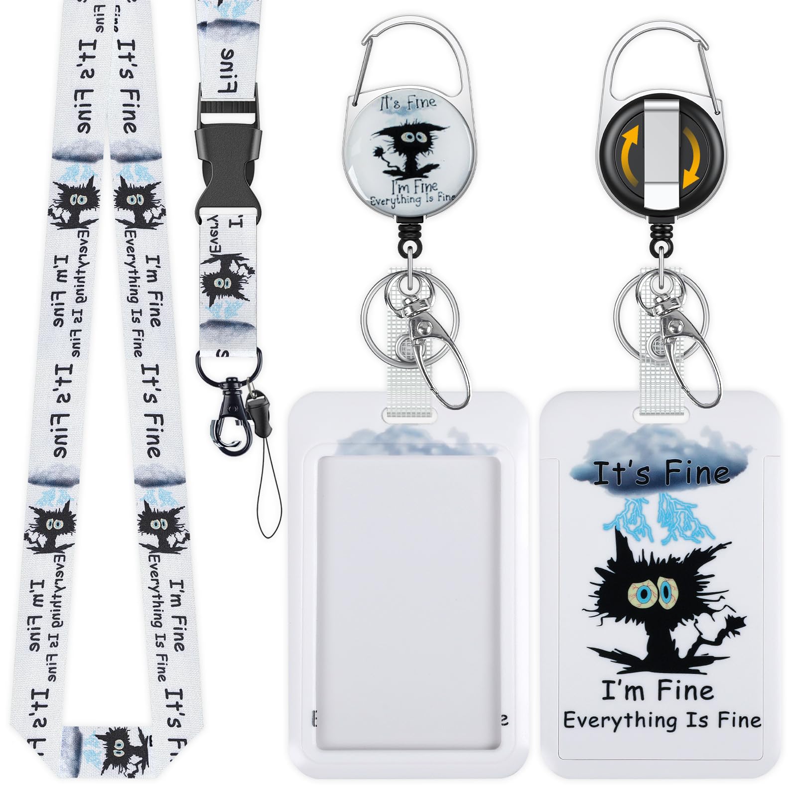 Uniclife Fashionable Sliding Badge Holder Exploding Fluff Cat Plastic Card Holder with Retractable Badge Reel Carabiner & Detachable Lanyard Vertical Card Protector for Office Worker Teacher Student โ image 1
