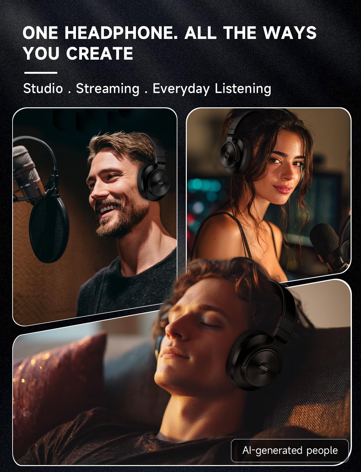 AOC Auriculares con cable, auriculares para monitor de estudio DJ con 72 horas de reproducción, conector de 3,5 mm/6,35 mm, cable en espiral desmontable para mezclar, grabar, podcast, amplificador de