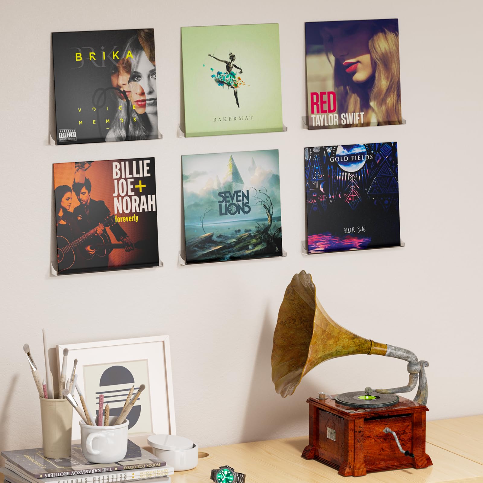 bruwaa 6 Pack Floating Shelves for Vinyl 12 inch Clear Acrylic Vinyl Record Holder Storage Shelf Display - Image 3