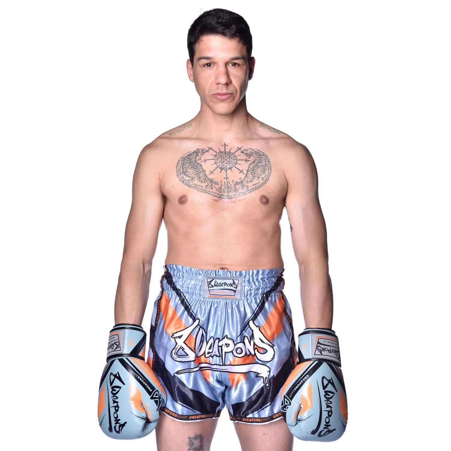 8 WEAPONS Muay Thai Shorts Shift, Eisgrau-Orange, Kickboxhose für Training & Wettkampf, Thaibox Shorts Satin, Atmungsaktiv, Langlebig, Kampfsporthose für MMA, K1, Boxen, Thai Boxen