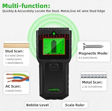 مسمار الباحث الجدار الماسح الضوئي - 8 في 1 مسمار الكاشف مع شاشة LCD & إنذار الصوت، سلك الكاشف للجدار الخشب AC سلك المعادن ترصيع كابل Joist الأنابيب الكشف (أسود)