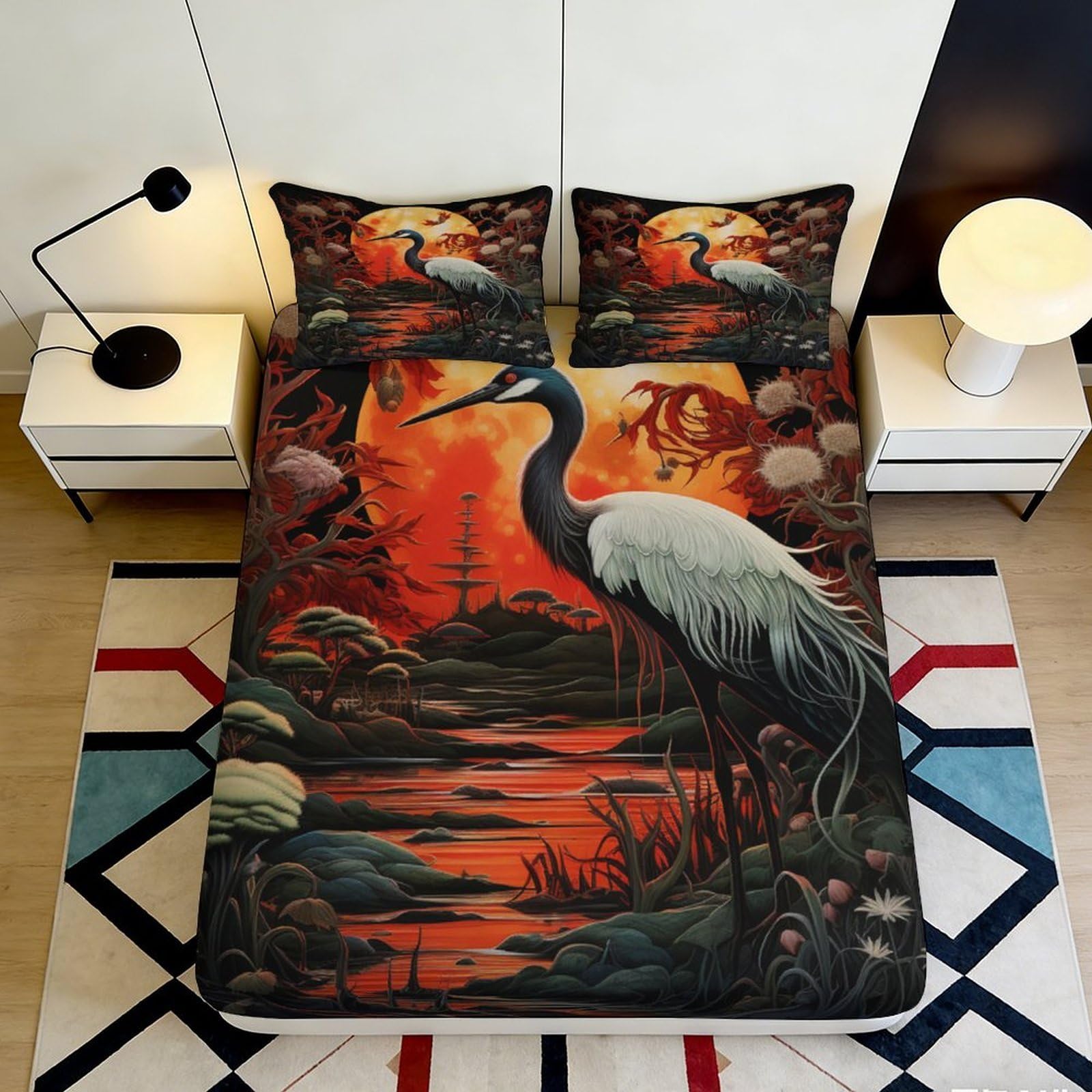 3D Printed Sunset Forest Fitted Sheet Microfiber Soft Heron Lake Mattress Cover for Bedroom Dorm Decor 90x200x25cm