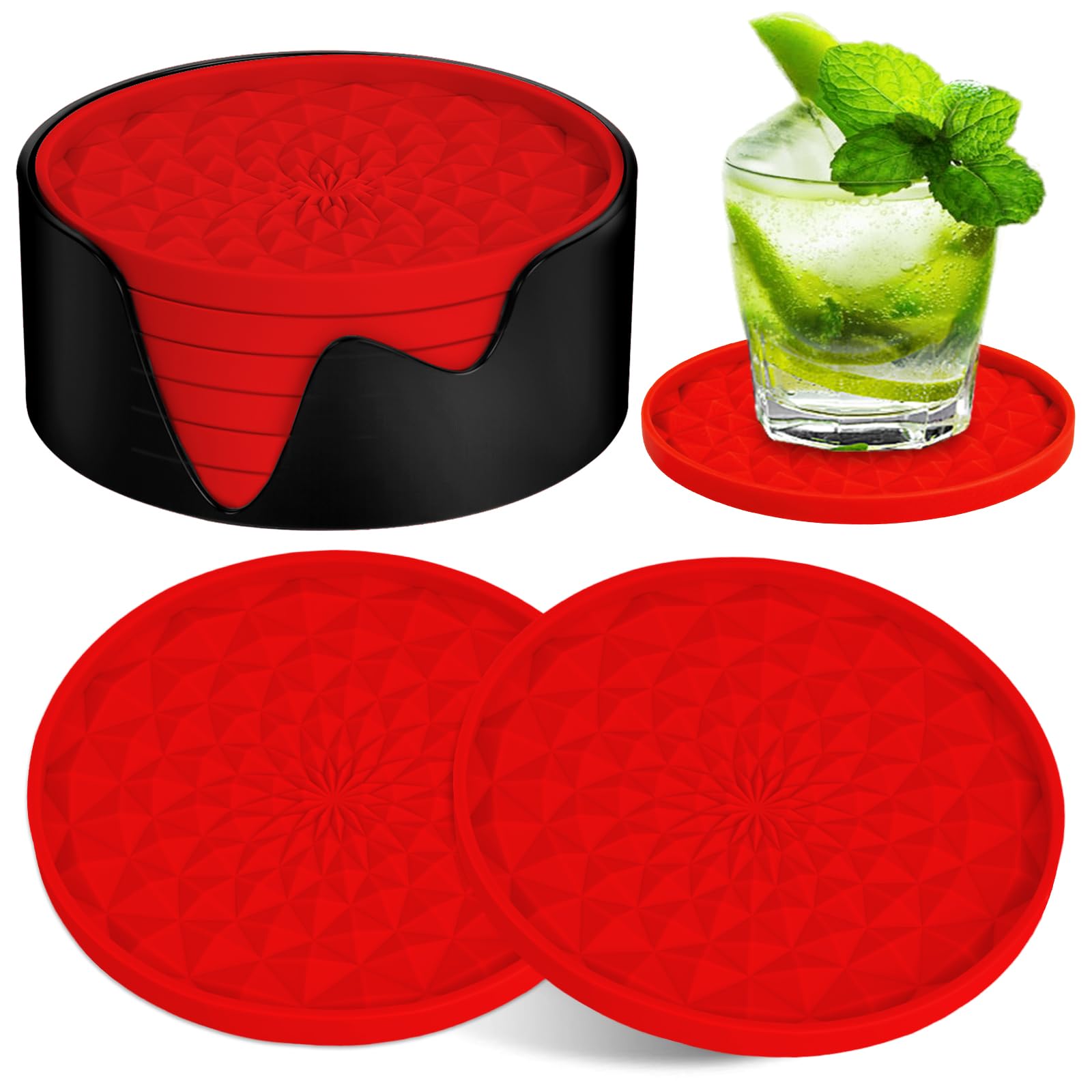AUAUY 6 PCS Silicone Coasters with Storage Holder, Red