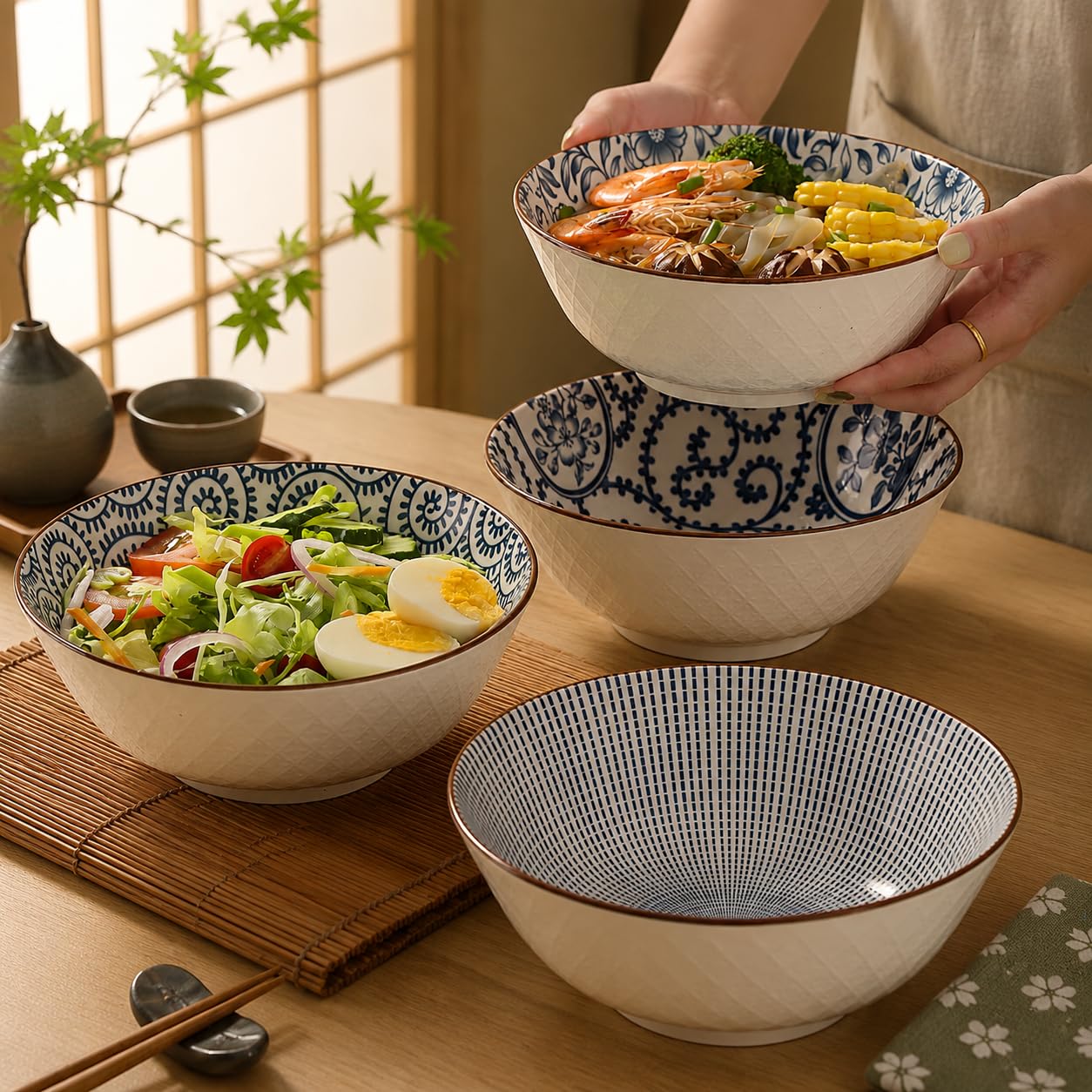 1136 ml Porzellan Salat, Pasta servieren Schalen, sortiert Floral Muster, stapelbar Tiefe Schüssel Set von 4 Küche, Haushalt & Wohnen