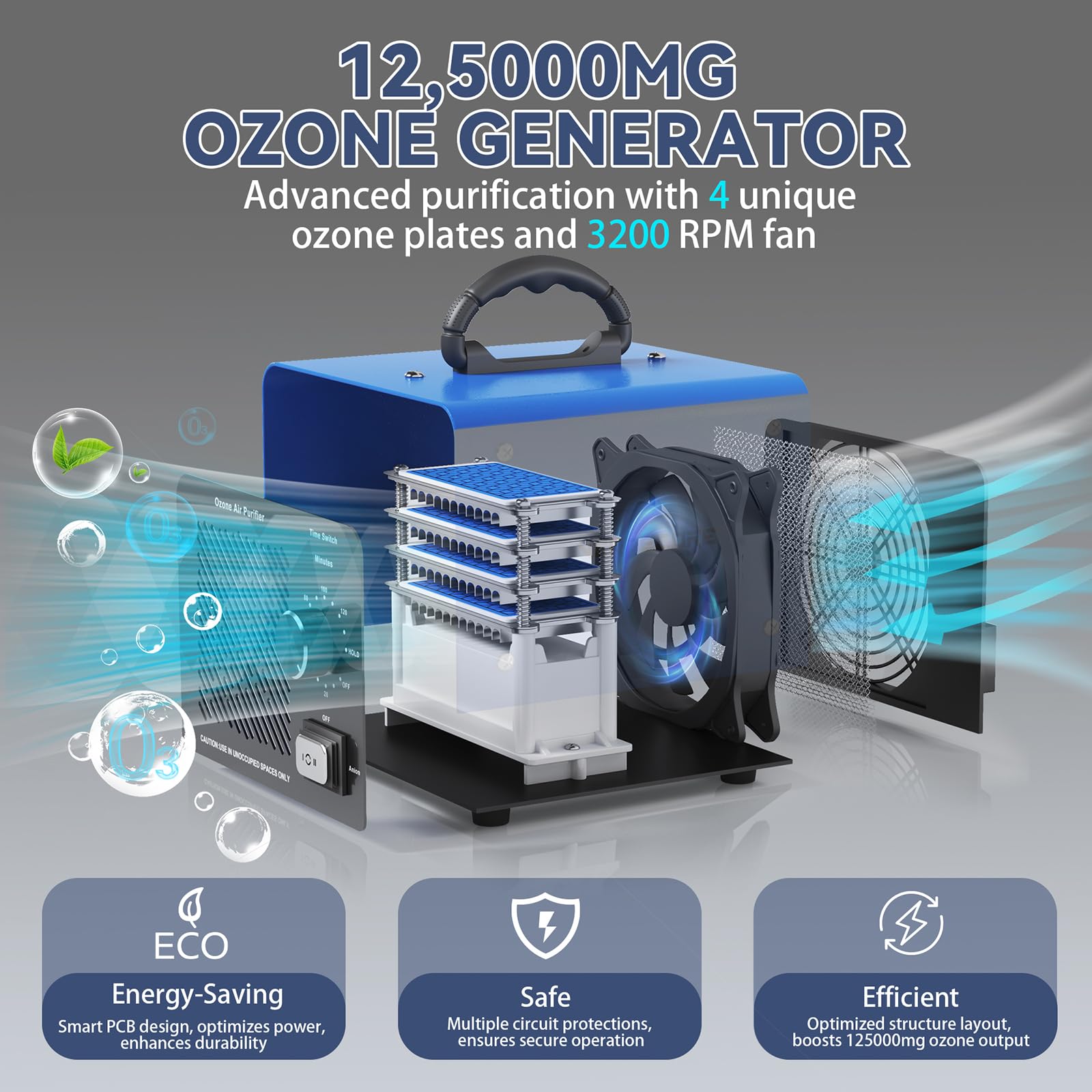 Generator ozonu 125 000 mg/h, maszyna ozonowa o dużej pojemności i oczyszczacz powietrza z jonizatorem ujemnym O3, usuwanie zapachów do domu, samochodu, zwierząt domowych, osłon piwnicy do 2500 m2