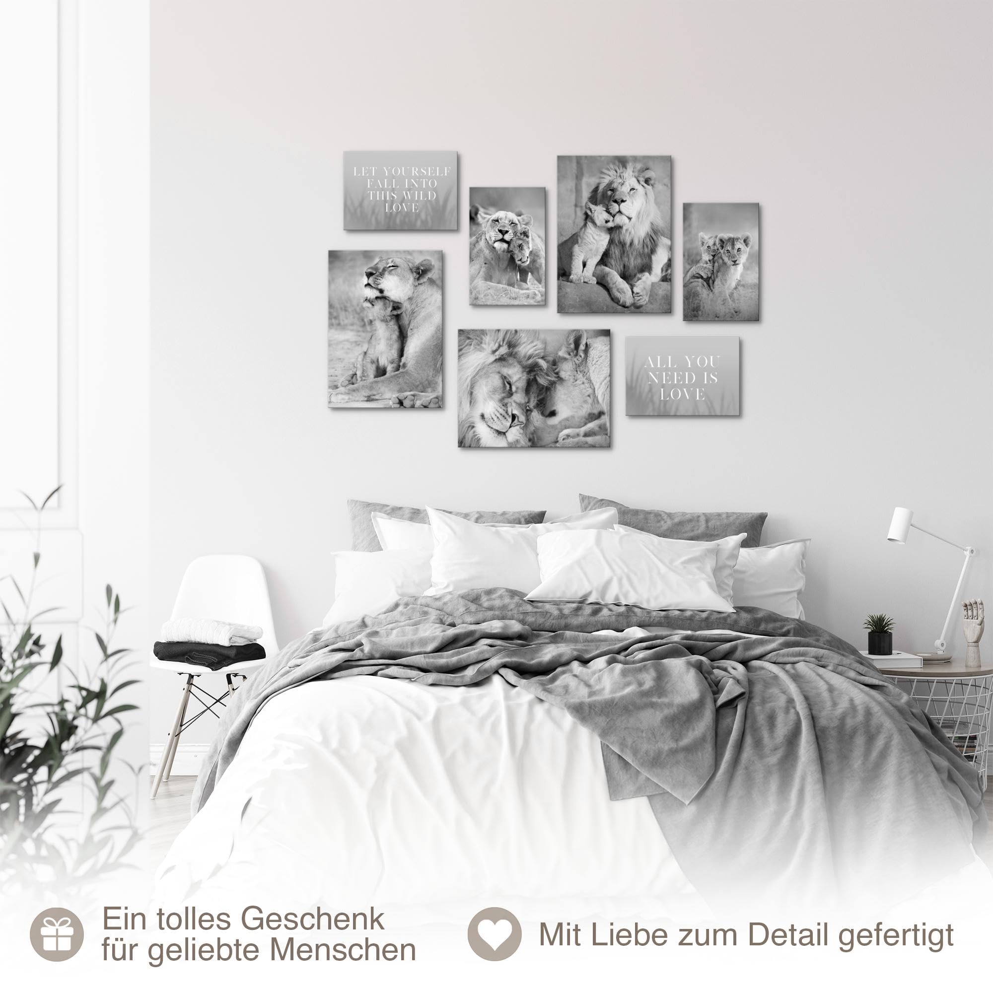 Novart Wandbilder Löwen Afrika Tiere - KOMPLETT AUFHÄNGFERTIG - Schwarz Weiss Wohnzimmer Schlafzimmer Flur - 7 Moderne Mood-Bilder - N036271b