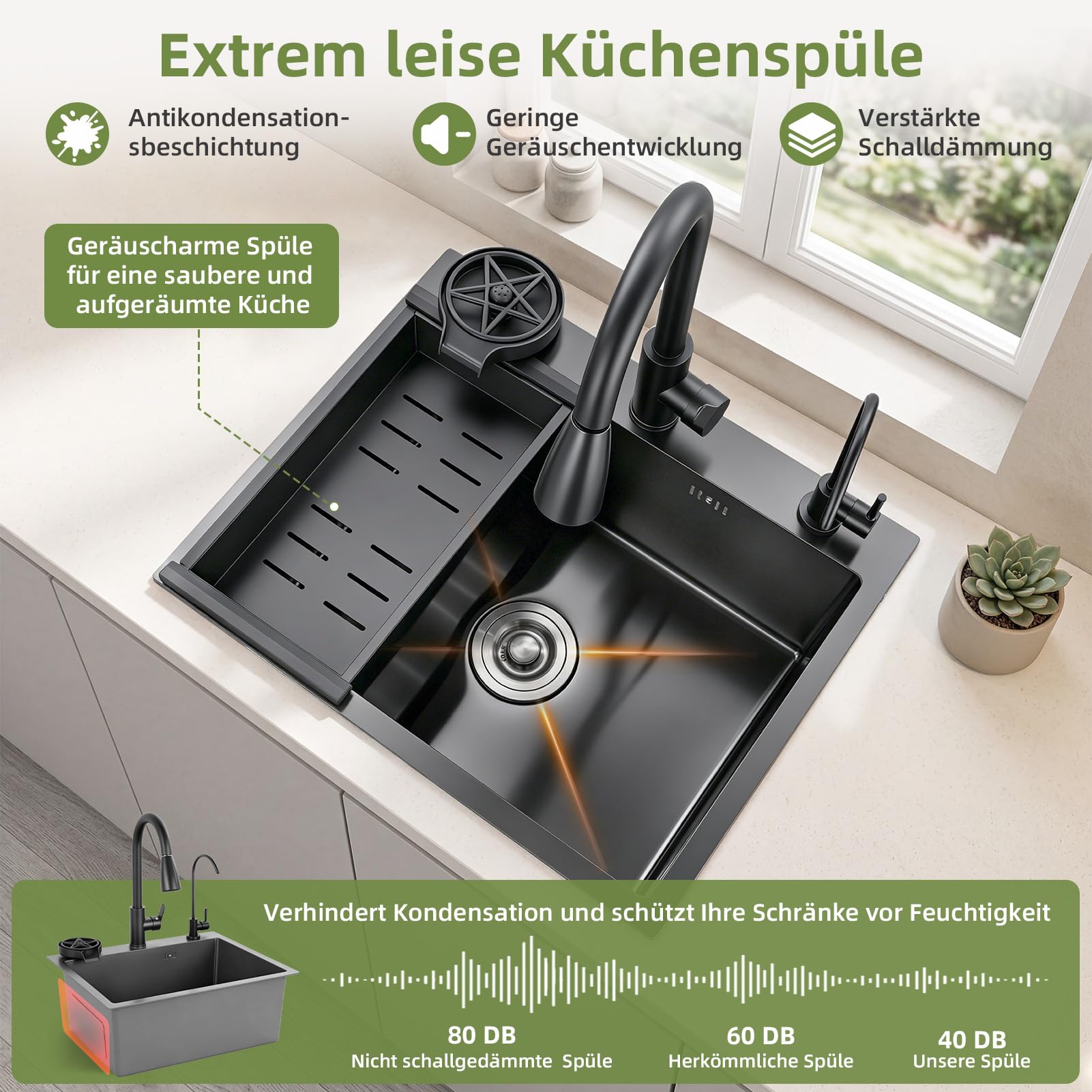 Schwarz Titan Einbecken Küchenspüle 55x45cm 3mm mit 3 Strahlmodi | 304 Edelstahl Spülbecken Set mit Ausziehhahn, Wasserfilteranschluss, Ablaufgarnitur, 3/8 Auf 1/2 Eckventile