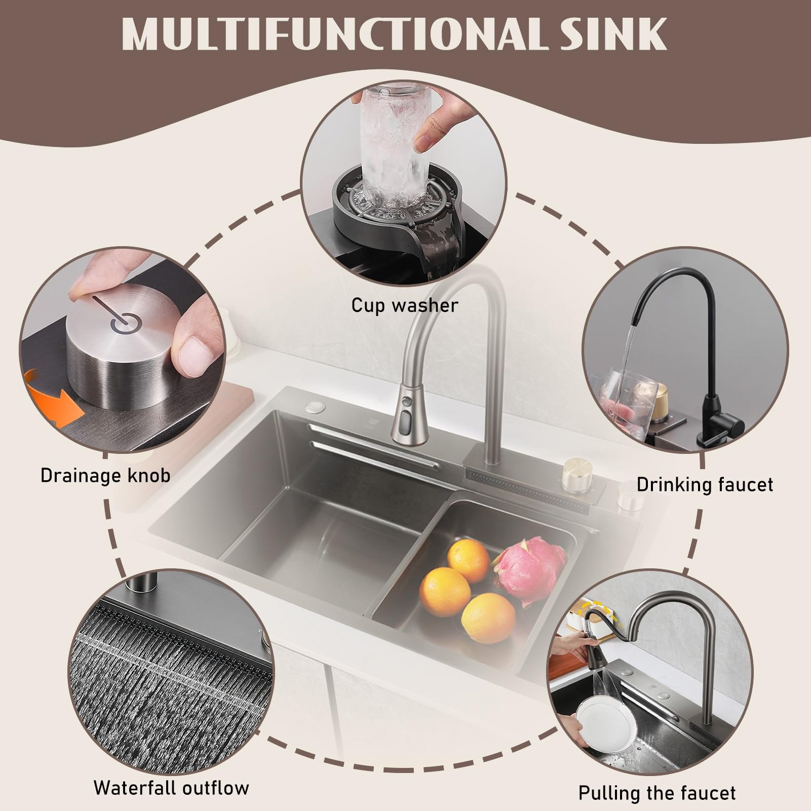 Fregadero De Cocina De Acero Inoxidable De Montaje Superior De Color Gris Negro, Estación De Trabajo Con Barra En Cascada De Gran Capacidad, Salida De Drenaje Derecha, Tazón Único Nano Para El Hogar,