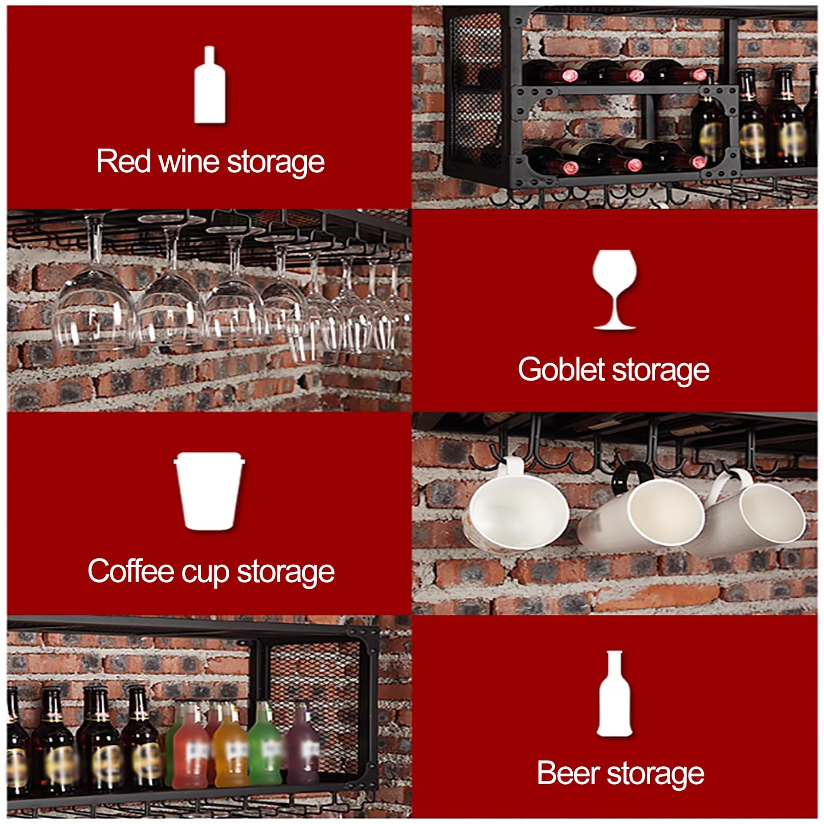 An der Wand montiertes Weinregal, schwebende Regale für die Bar, Aufbewahrungsorganisator für Flaschendisplays mit Metallrahmen, schwebender Champagnerflaschenhalter mit Glashaltern, für die