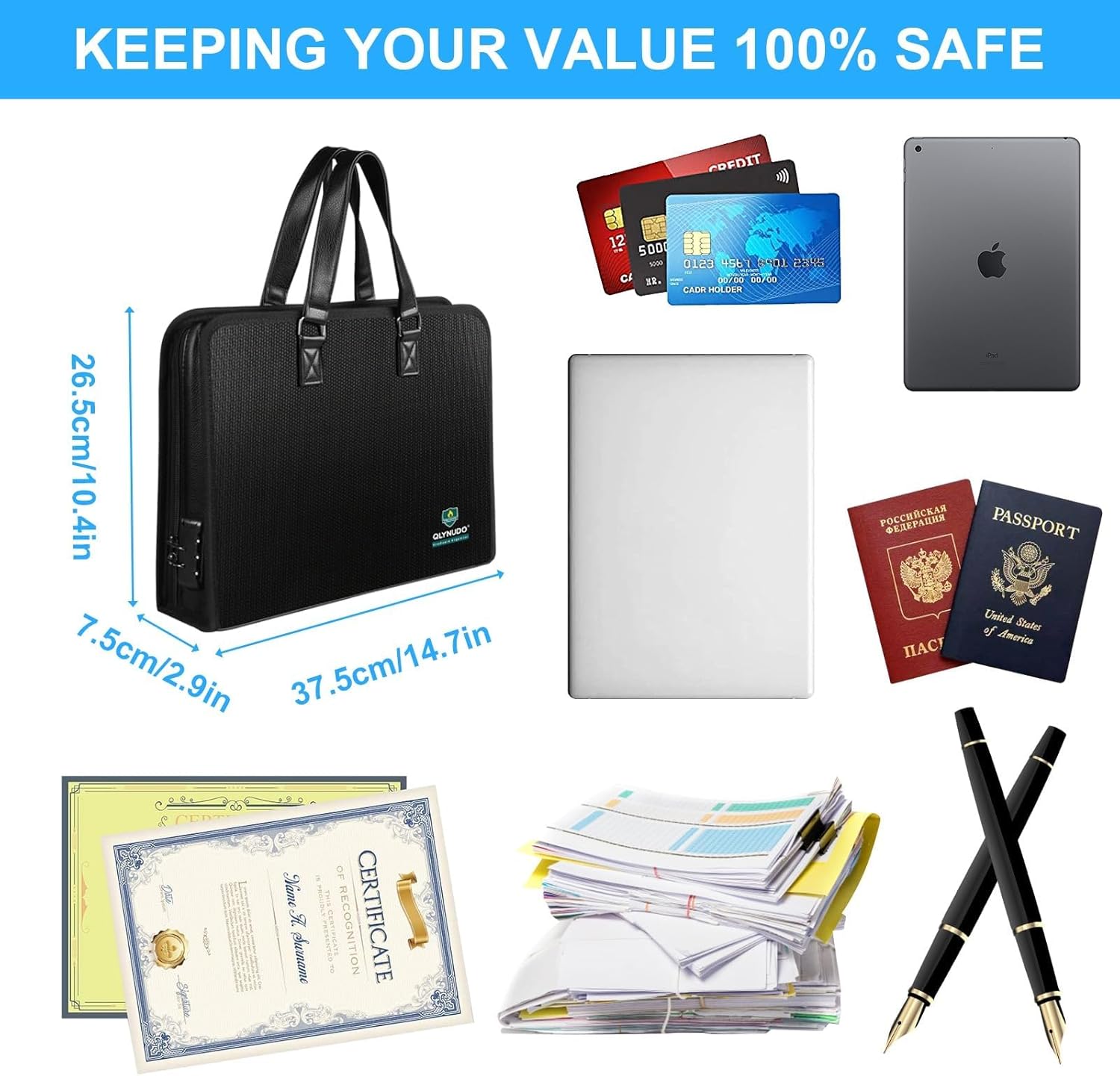 Fireproof Document Box with Handle (14.7" x 10.4") - 13-Pocket Expanding Accordion File Folder, Water Resistant Important Paper Organizer for Estate Planning, Wills (Not a Ring Binder)