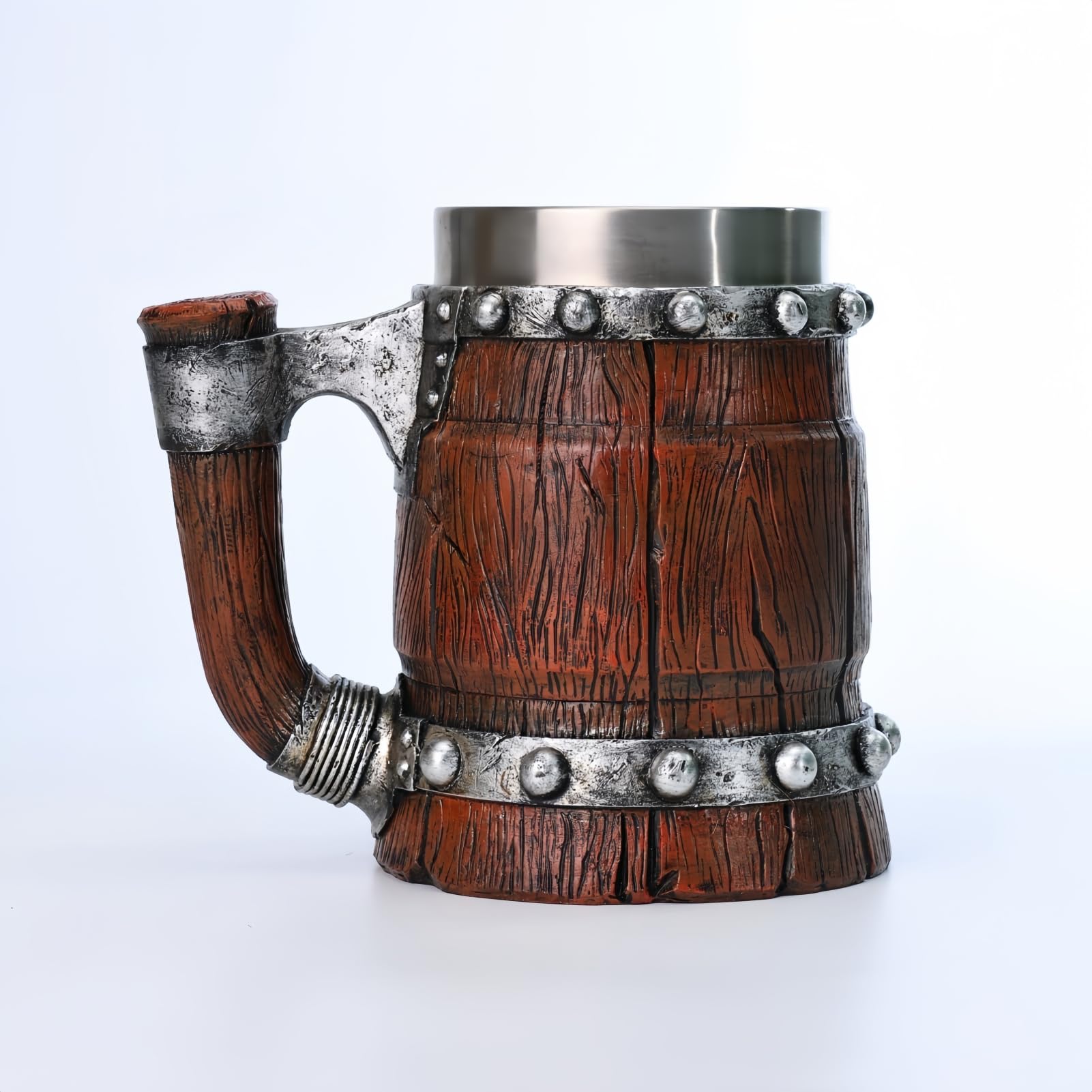 Drawelry Retro Holz Fass Bierkrug mit Griff Edelstahl Innenfutter Holzmaserung Leder Wasserbecher 600ml Vintage Nordische Wasser Bier Kaffee Mug Becher Geburtstag Geschenk für Männer (A7)