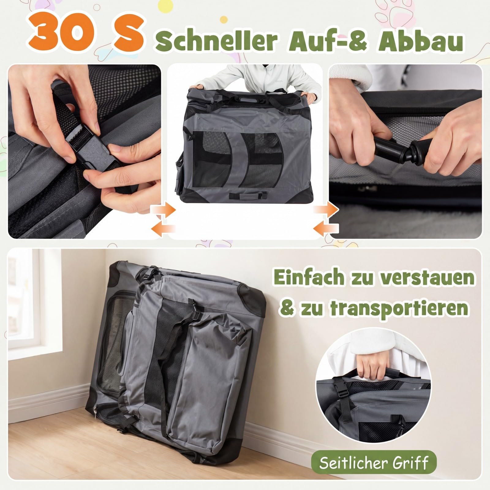 COSTWAY Hundebox Auto, Transportbox Hund faltbar (L-83,5 x 58 x 58 cm,Grau) | Hundetransportbox mit Griffen, 2 Taschen & abnehmbarem Pad, atmungsaktiv und tragbar, Katzenbox aus Oxford & Metallrahmen
