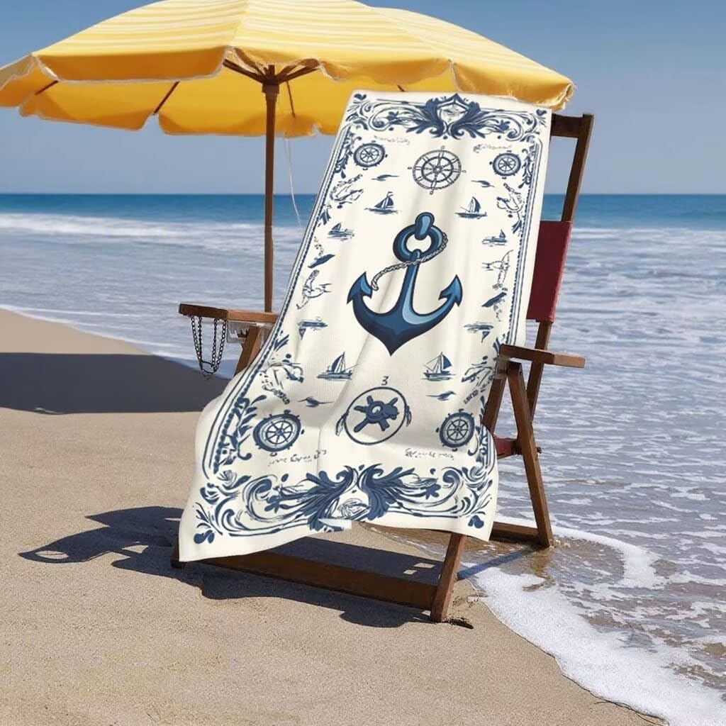 Toalla de Playa Grande 220x100cm/35x70cm, Juego de 2 Toalla Microfibra XXL de Antiarena, Toallas Playa Suave Ligera, Absorbente Secado Rápido, Beach Towel Viaje Yoga, Regalo Mujer Hombre (Ancla) D-49