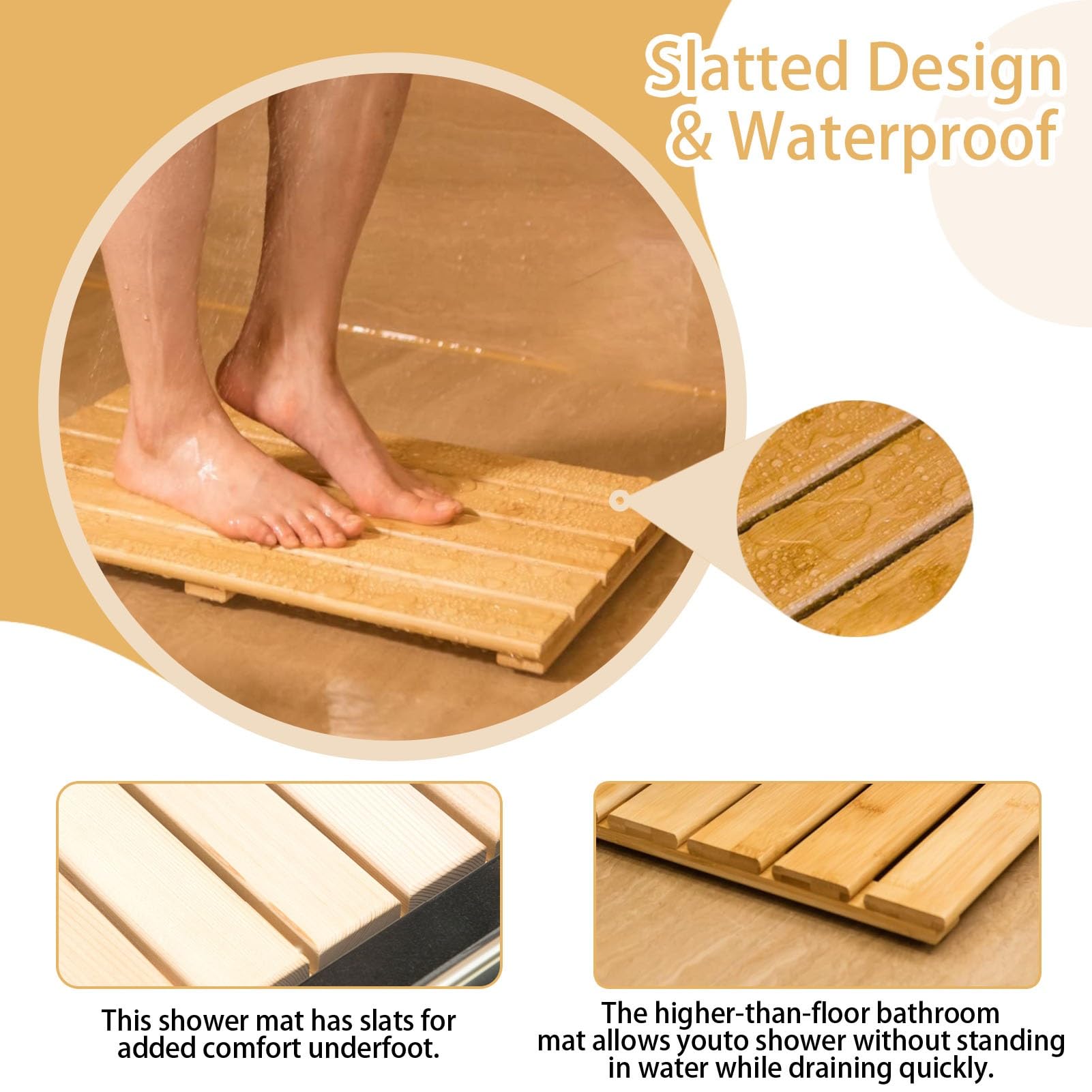 Alfombrilla de ducha de madera con almohadillas antideslizantes y asa, tamaño personalizable para una tabla de drenaje de baño estable (20 x 30 pulgadas)
