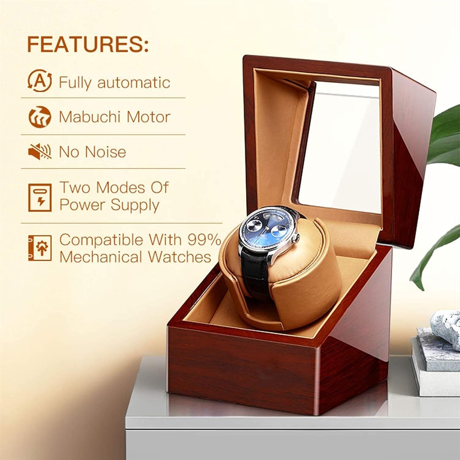 FENOKD Watches and Jewelry Automatic Single Watch Winder with Soft Flexible Plush Pillow Super Quiet Motor Dual Power Supply fi