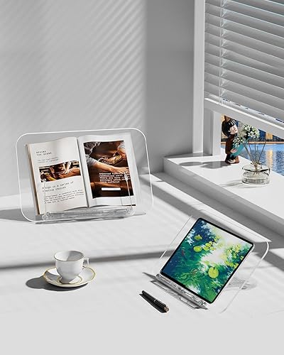 Miniatura 6 de viozon Soporte acrílico para libros de lectura, soporte para libros de cocina, ángulo ajustable de 13 niveles, plegable y portátil, ligero para