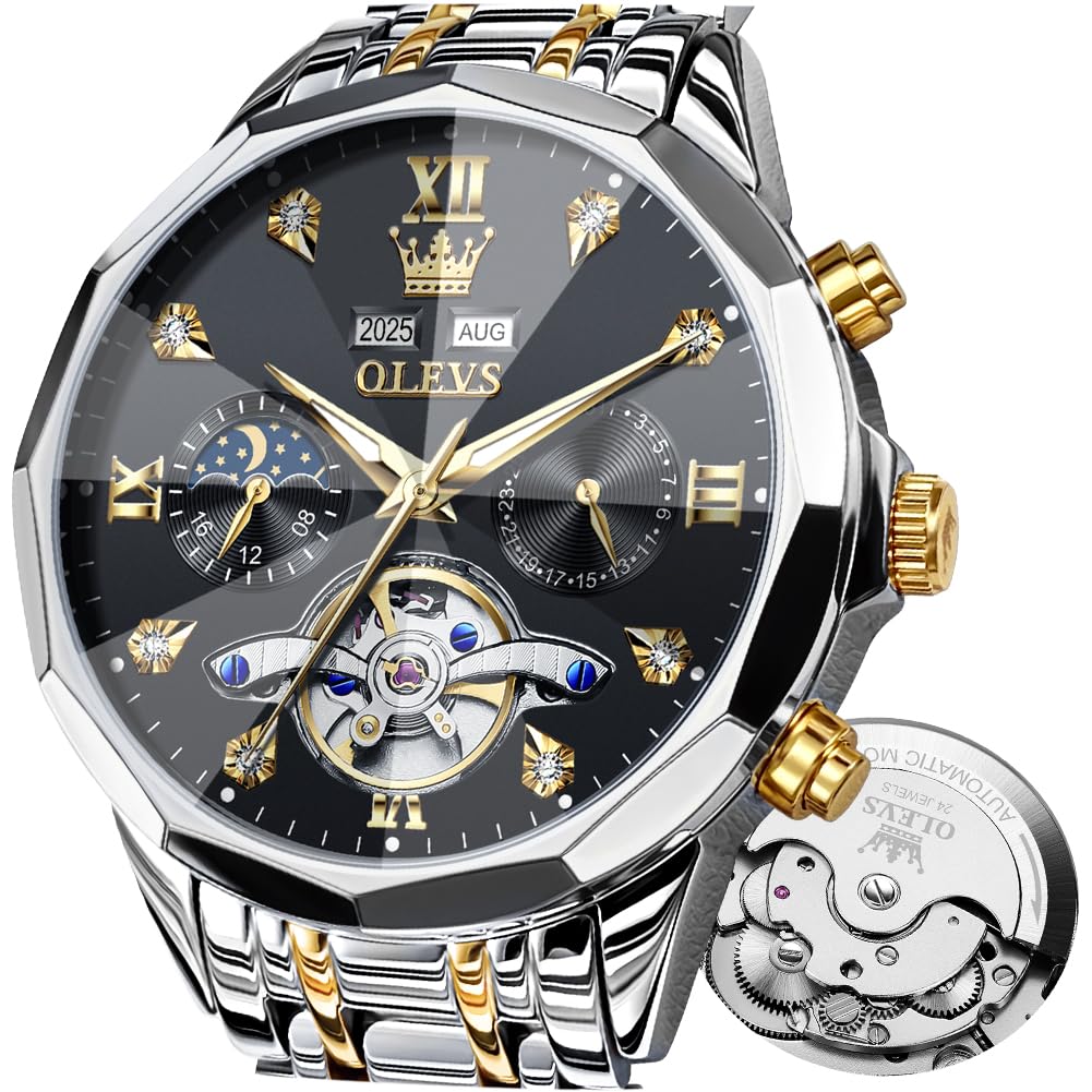 OLEVSAutomatic Watch for Men Luxury Diamond Self Winding Multifunctional Men's Calendar Watch Stainless Steel Waterproof Luminous Male Watches