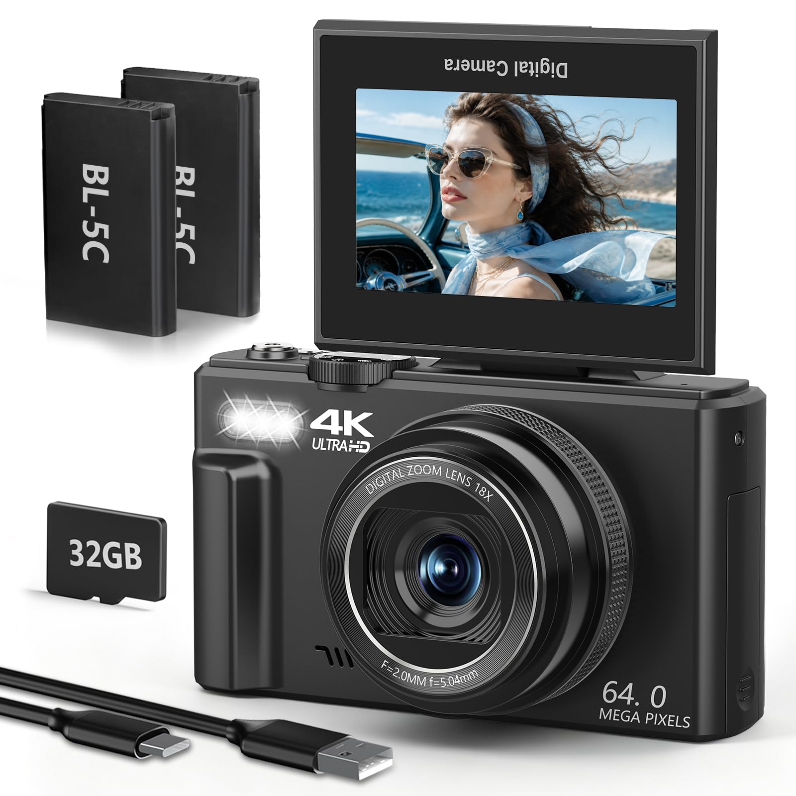 4K Digital Camera for Photography, 64MP Compact Point and Shoot Camera with 180° Flip Screen, WiFi Camera with 32GB Card & 2 Batteries, Portable Travel Camera for Beginners, Black-picture-25