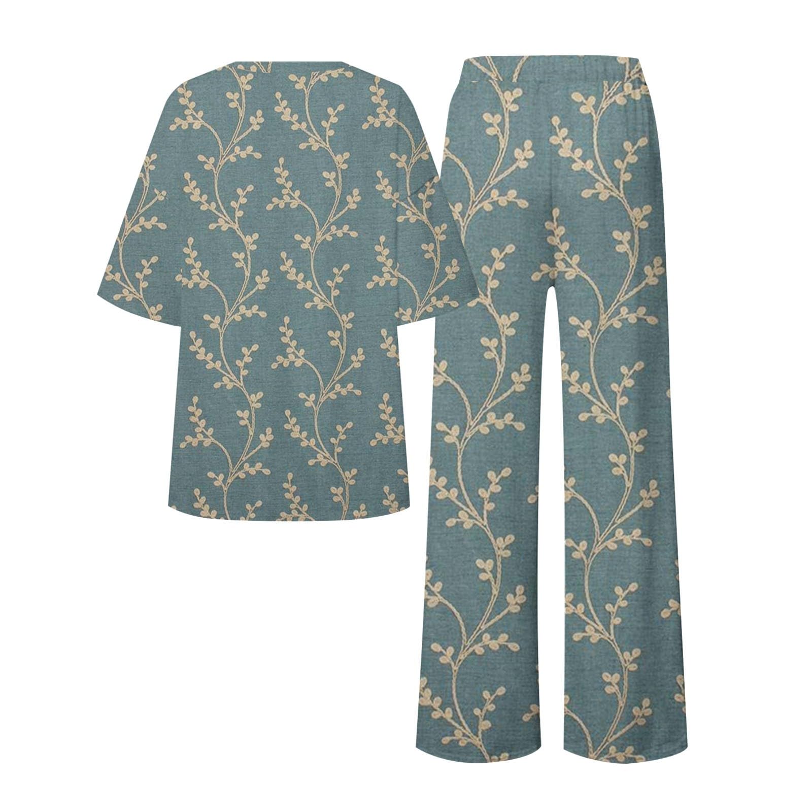 Ensemble de pyjama complet pour femme - Imprimé plantes | Ensemble de nuit ample 2 pièces avec poches, manches mi-longues, col rond, haut de pyjama et pantalon de pyjama élastique