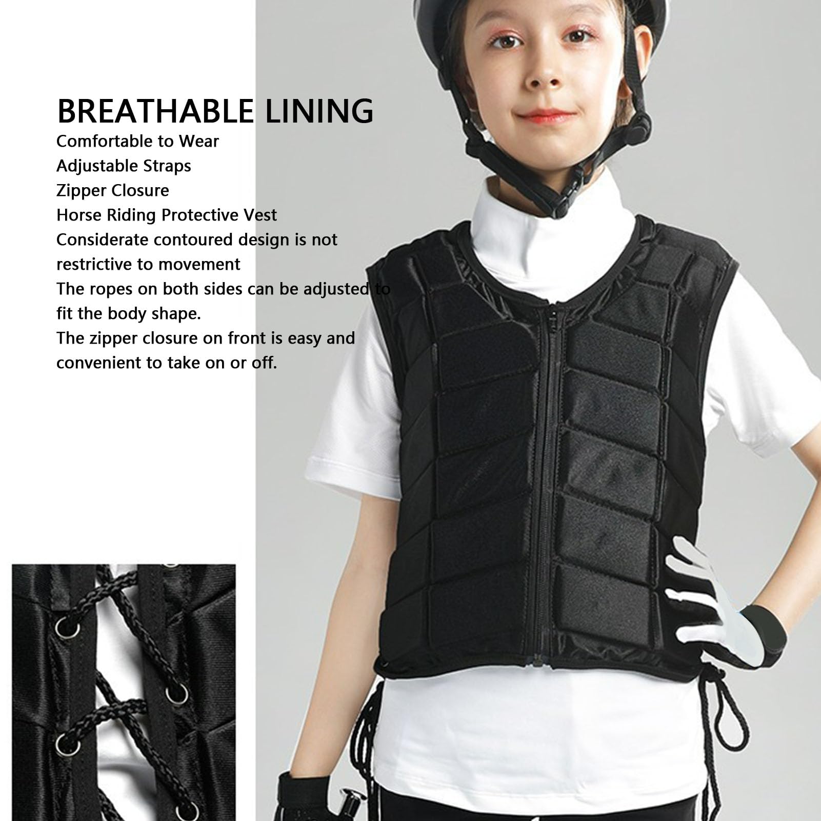 RiToEasysports Gilet d'équitation pour enfants, gilet de protection pour l'équitation, absorption des chocs avec côtés réglables, fermeture éclair, doublure respirante pour garçons et filles